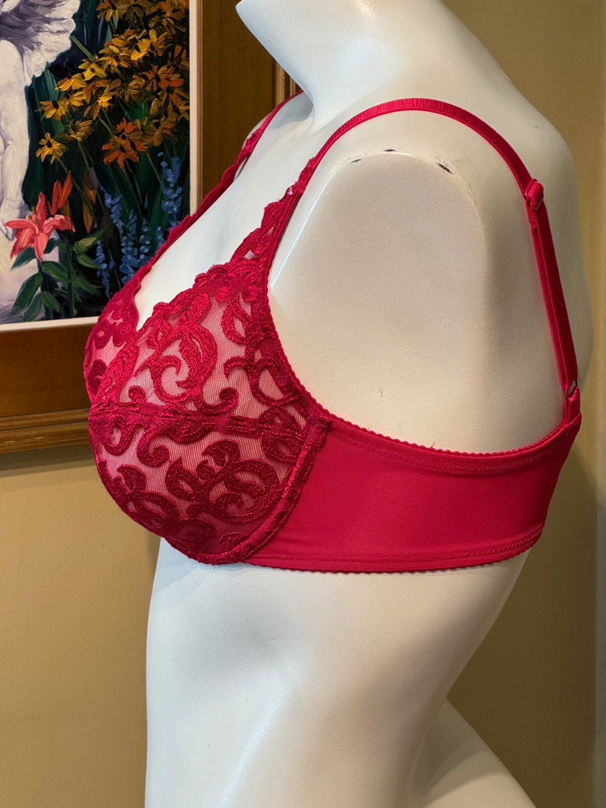 VINTAGE WACOAL 85199 ~ RED ARABESQUE SEMI SHEER FULL FIGURE UNDERWIRE BRA 34C