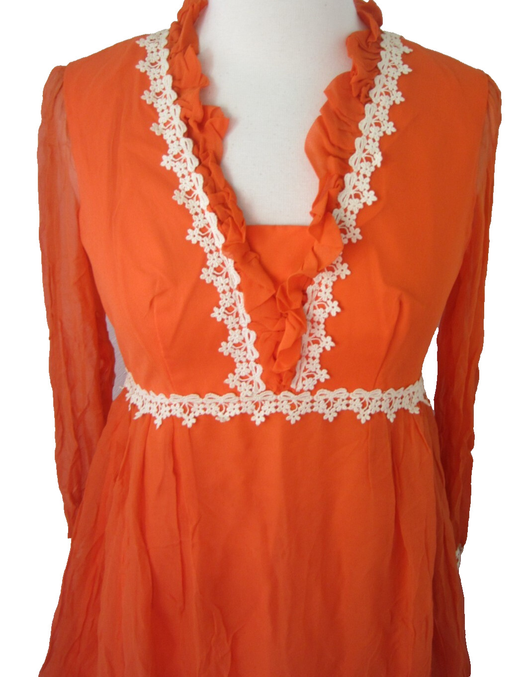 Vintage 60s70s Maxi DRESS Chiffon Overlay Lace Trim Orange Empire Waist Size 9