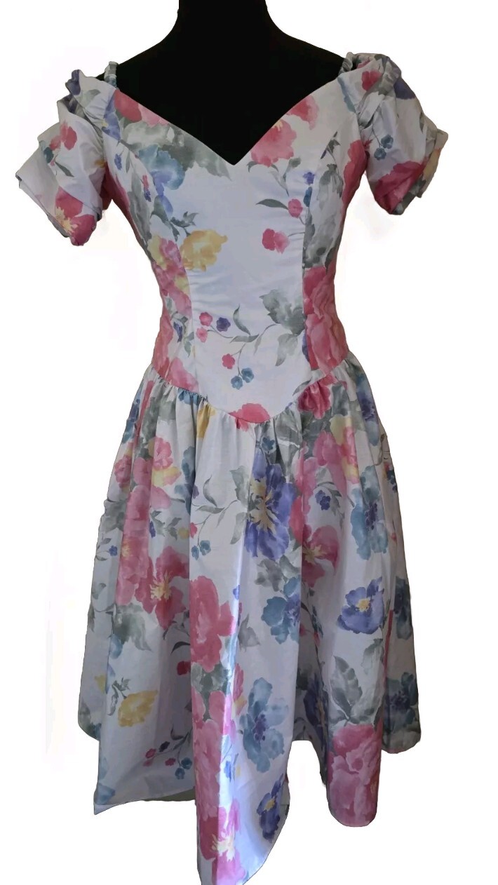 Vtg 80&rsquo;s House of Bianchi Floral Tea Dress sz 10 Pastel Drop Waist White Pink