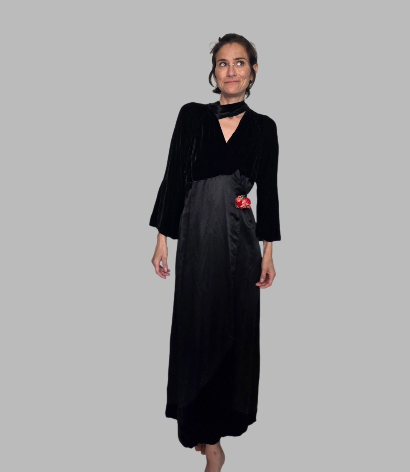 Authentic 1920s Black Silk Velvet Wrap Dress | Antique Evening Gown with…