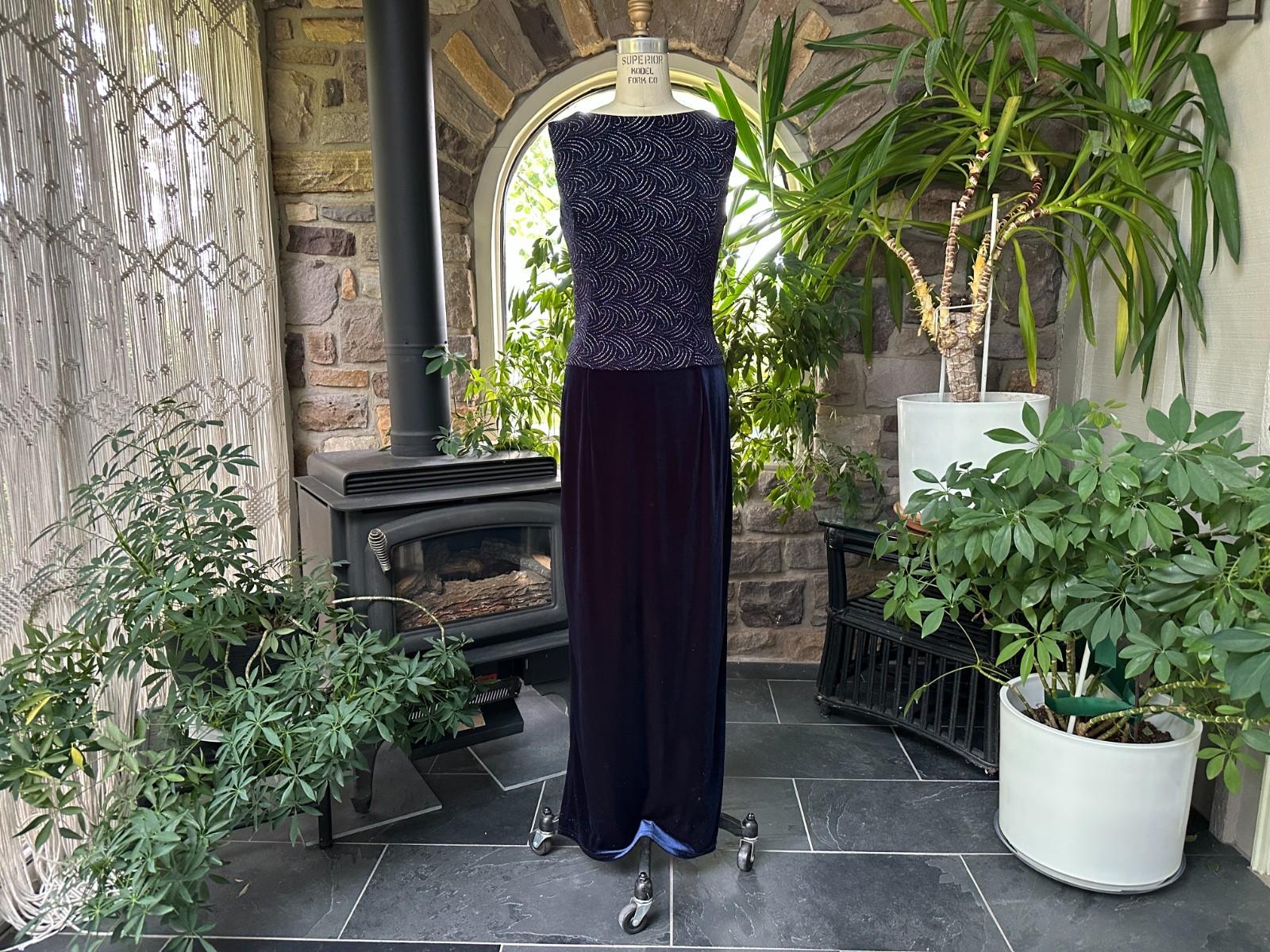 Vintage 1990s Navy Blue Velvet Iridescent Glitter Knit Dress Scott McClintock