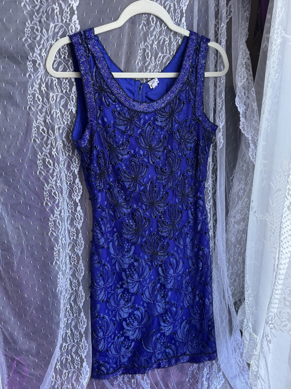 Vintage Fully Beaded Royal Blue Lace Party Dress (Size M-L) Special Occasion