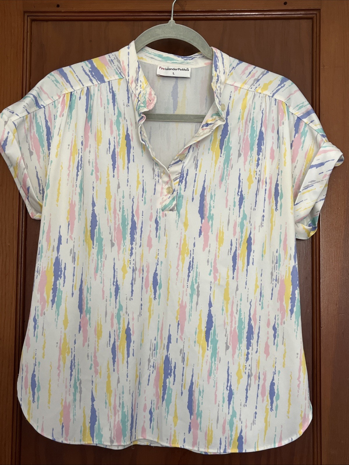 Vintage Polyester Pastel Blouse Size L Made In USA Short Sleeve Mock Neck Button