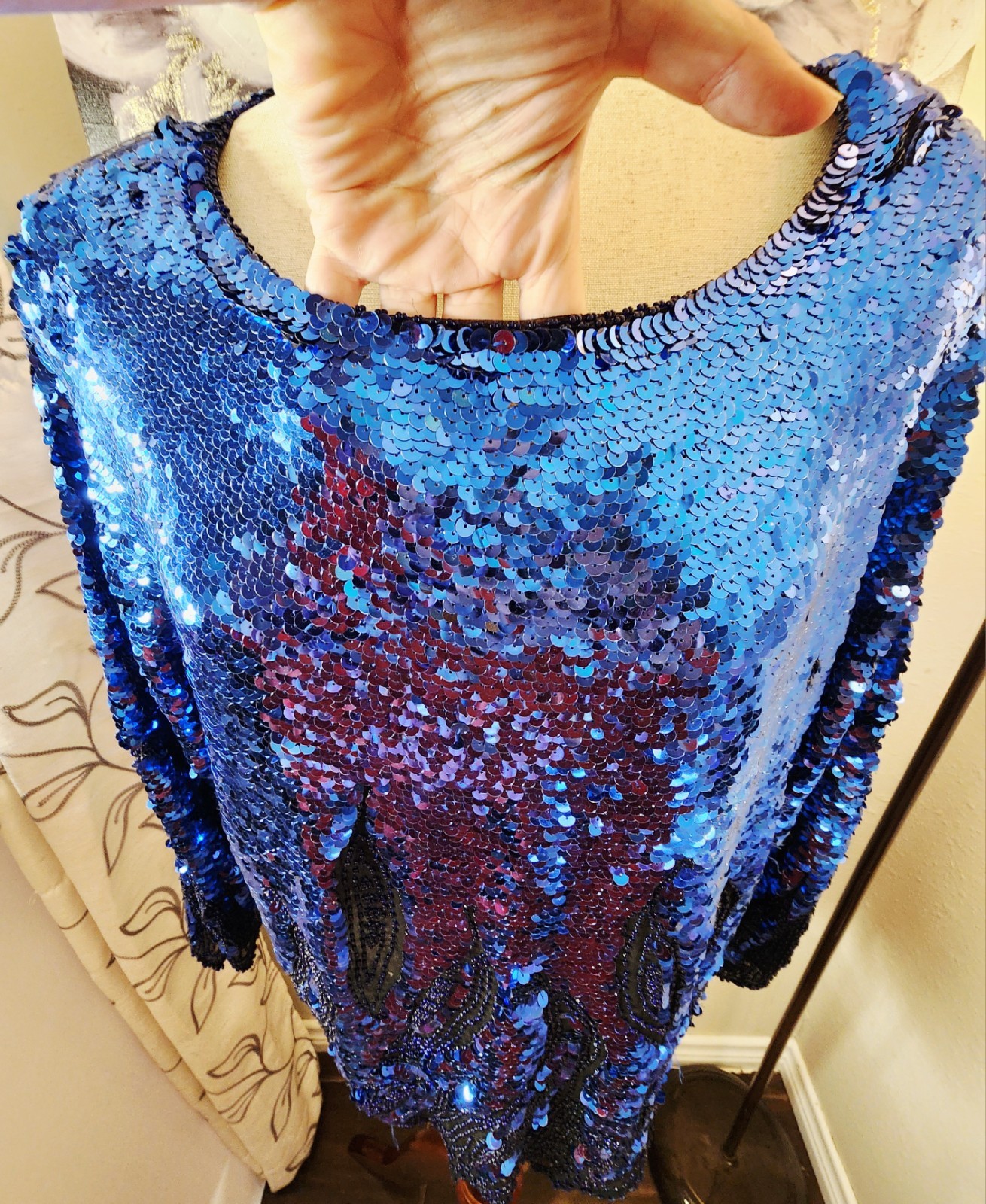 Vintage Oleg Cassini Black Tie Blue Sequin Flame Top XL Silk Beaded Trophy…
