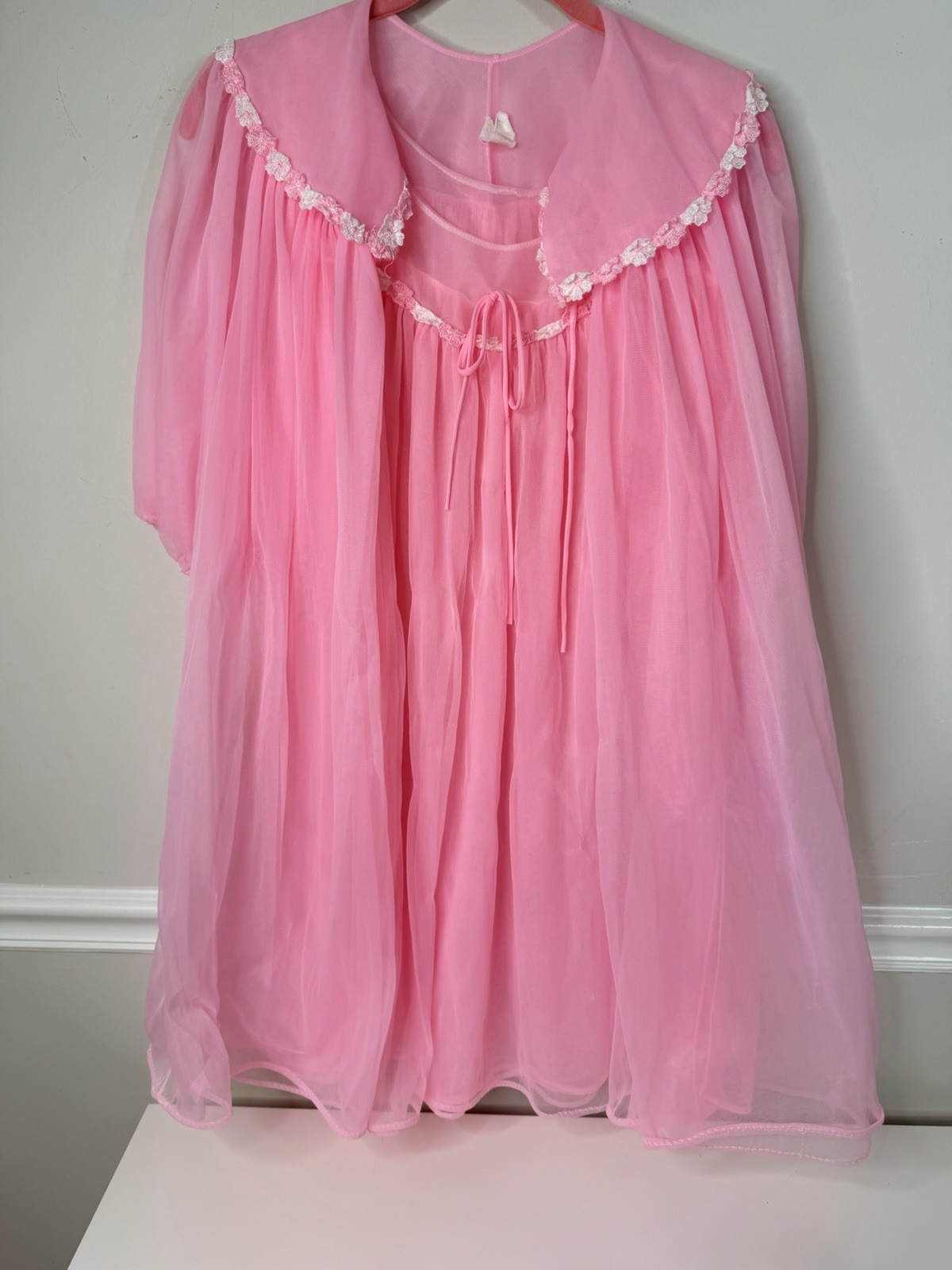 Vintage 60s pink Chiffon Peignoir set layered Babydoll Bow Nightgown robe M
