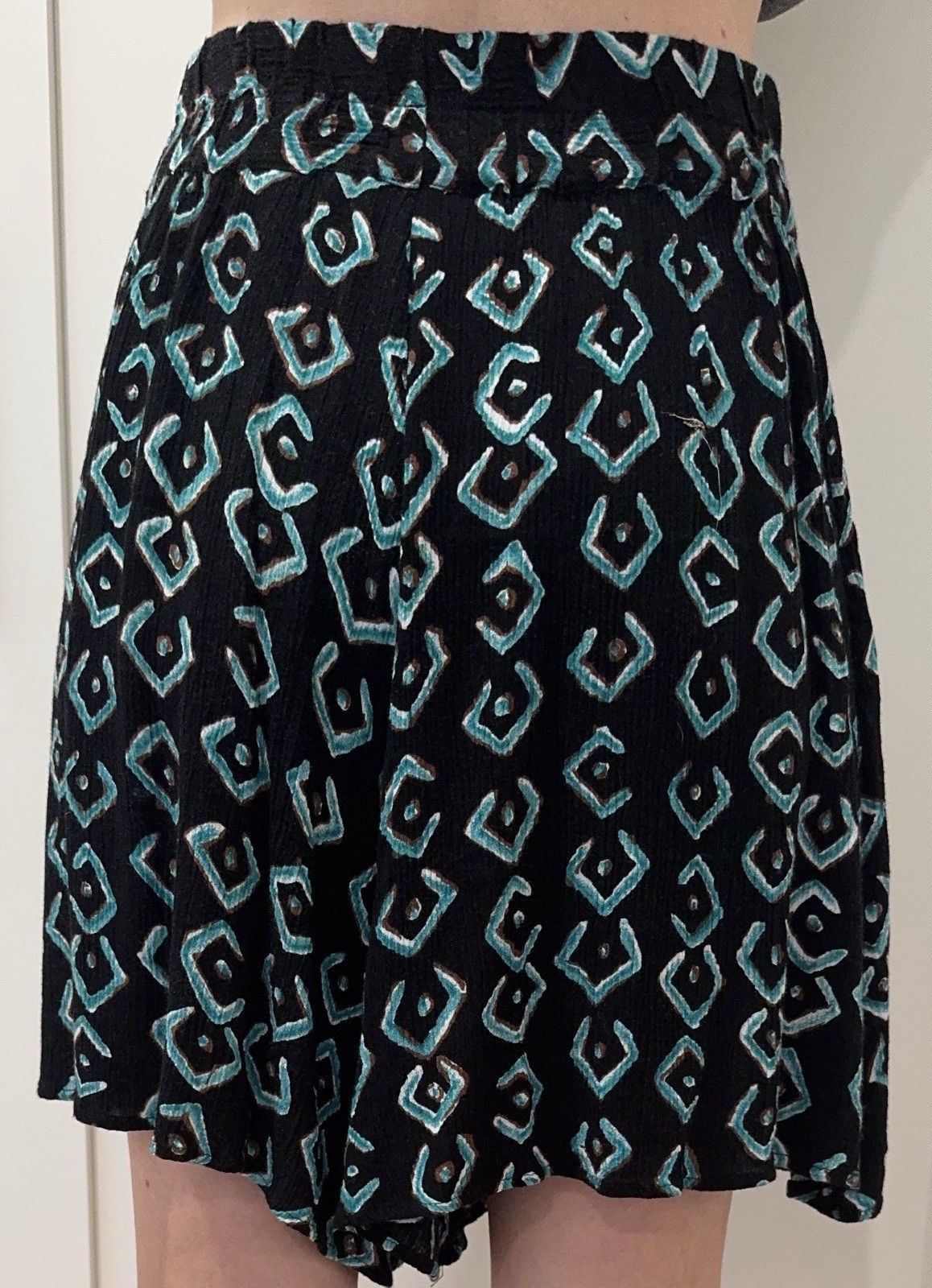 Vintage 90s Rayon Crinkle Skort S Black Teal Geometric Tribal Boho Festival