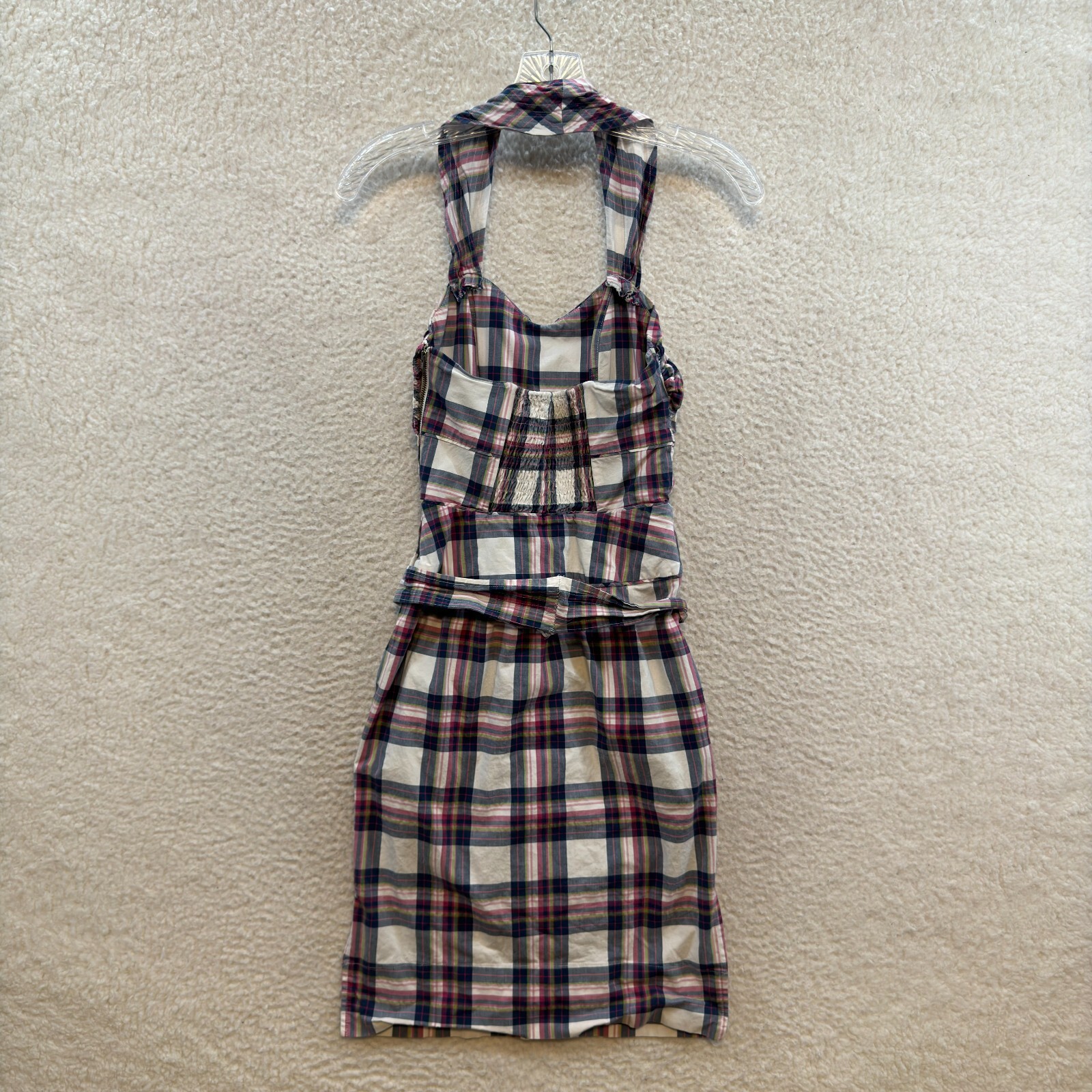 Y2K Vintage Halter Mini Dress 0 2 XS Tartan Plaid Bustier Mod Western Pockets