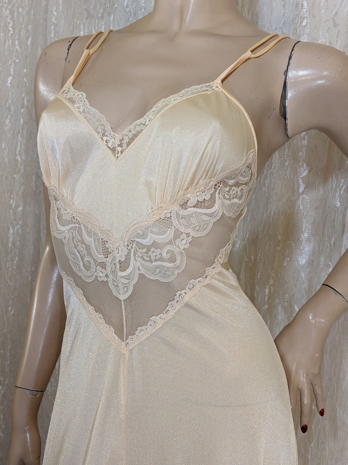 VTG Sparkling Nylon Double Straps Lace Lingerie Slit Open Slip Dress Nightgown S
