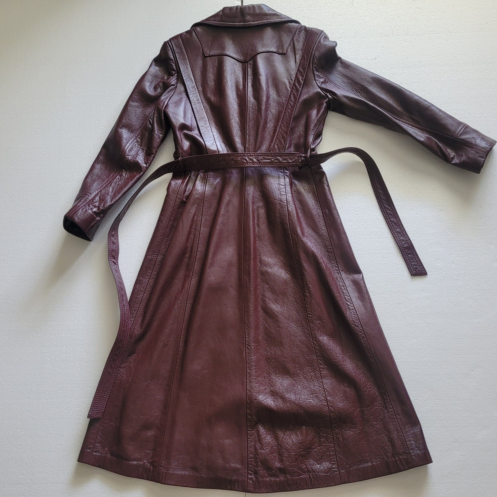 Long Lined Leather Vintage Coat by Winners Circle Fashions, Women&rsquo;s Small Belted