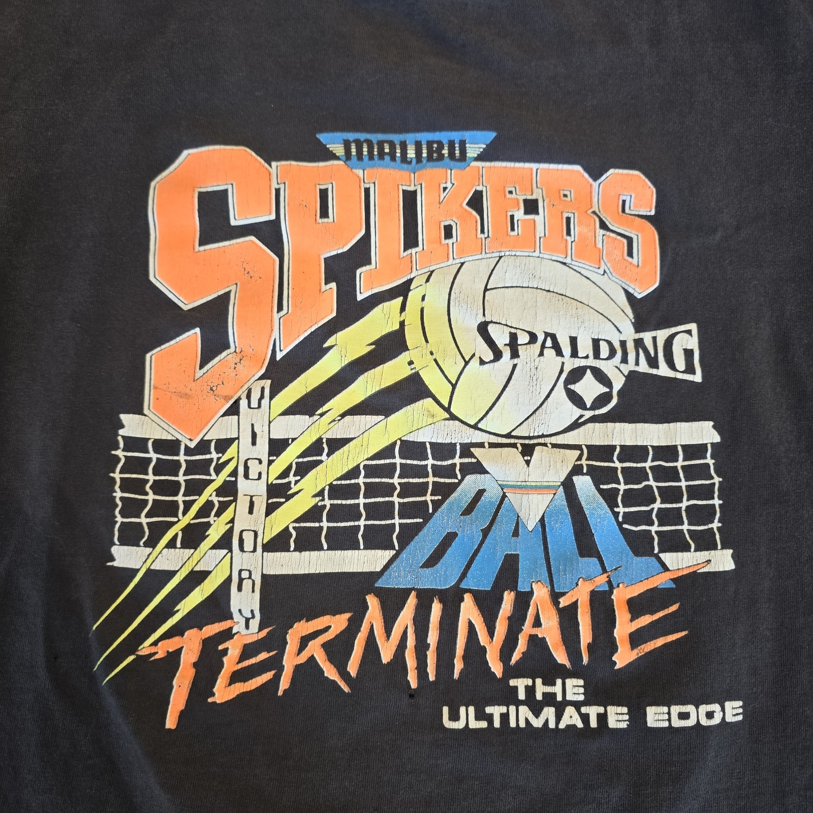 Vtg 90s Malibu Spikers Beach Volleyball T Shirt Neon Faded Black Distressed Sz S