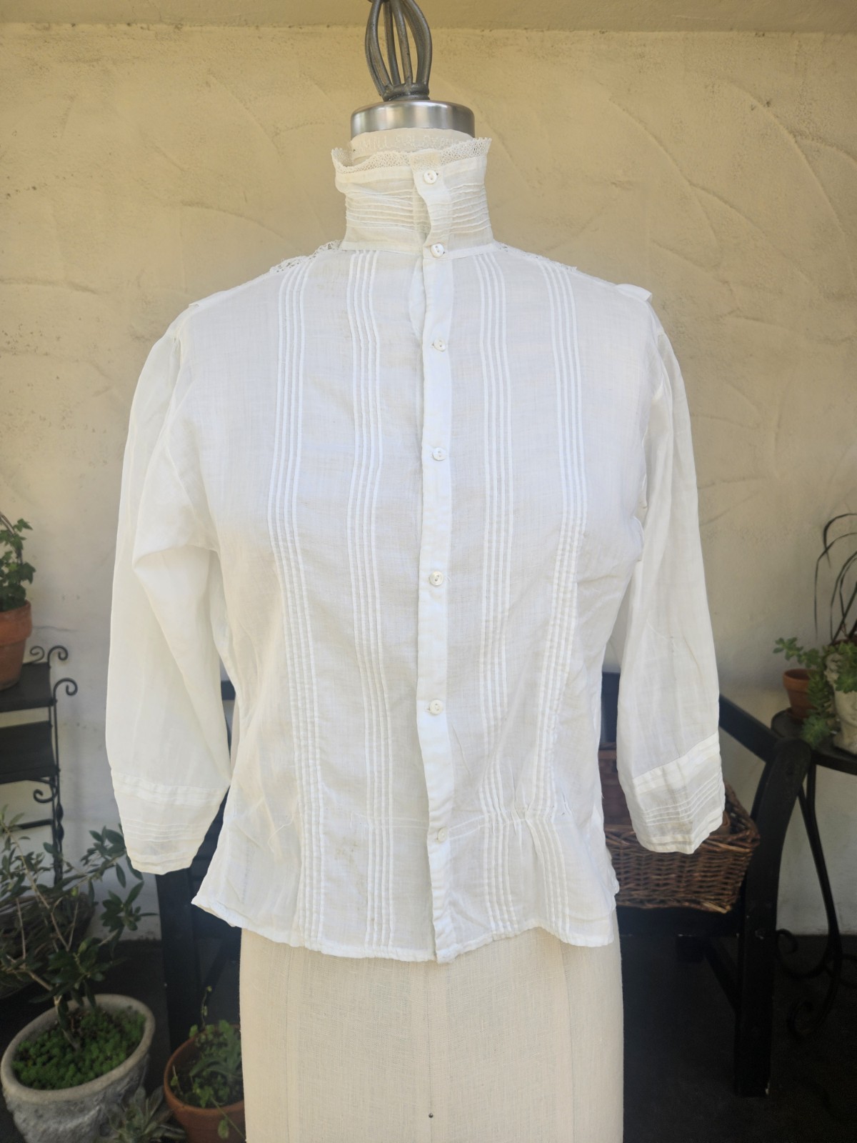 Antique 1900s Edwardian Cotton And Lace Blouse Pintucking Feminine Detail Sm/4