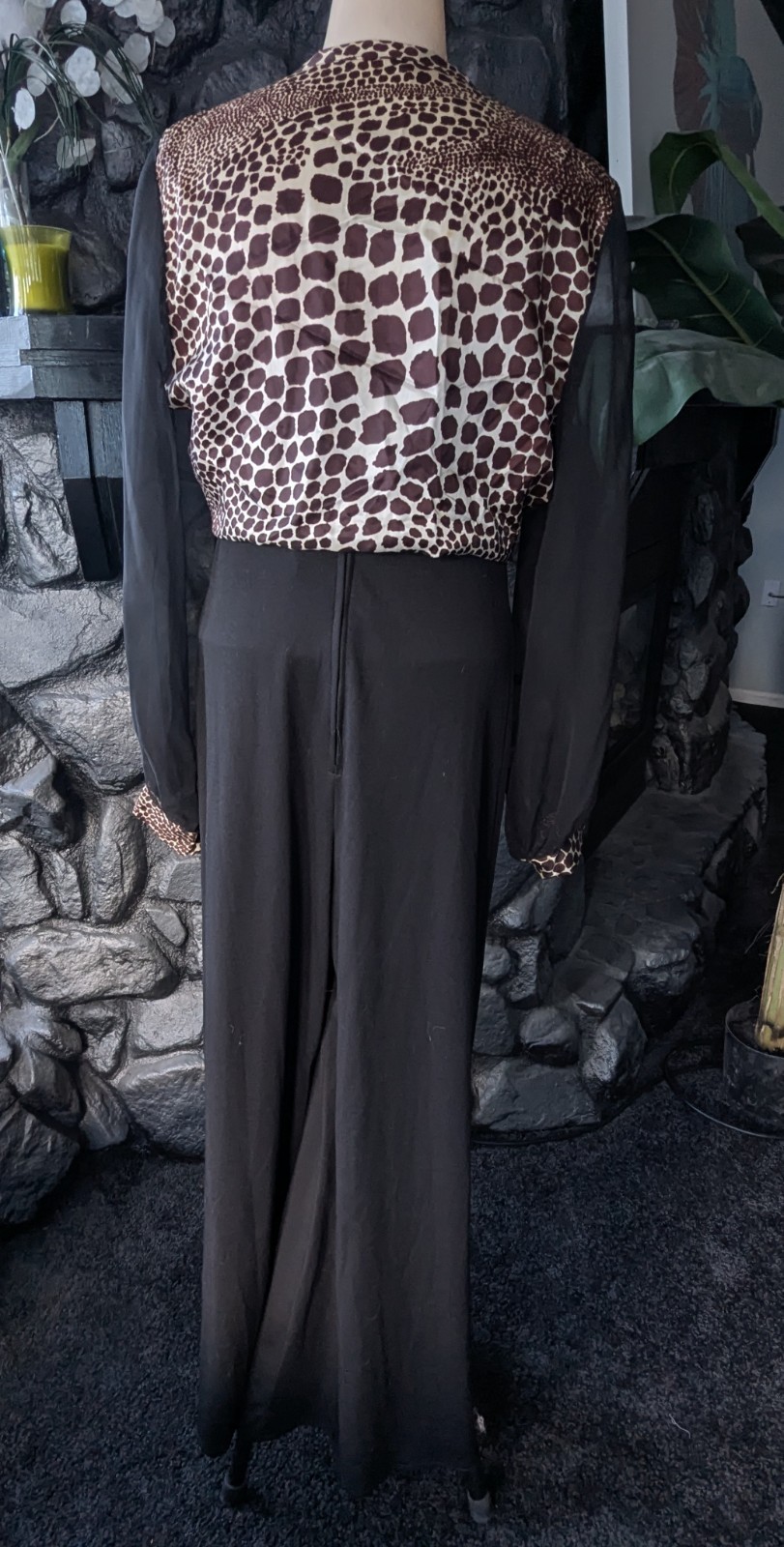 Vtg 70s Juniors Black and Animal Print Jumpsuit Bolero w/ Sheer Sleeves Sz 13/14