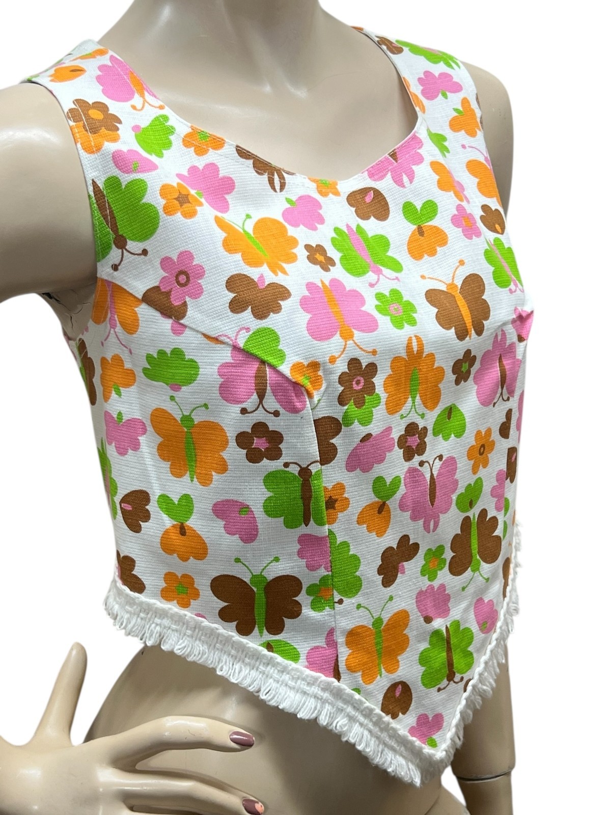 RARE NOS Vtg 60s M~L Fringed Crop Top Butterfly Flower Power Shirt FRED ENGELMAN