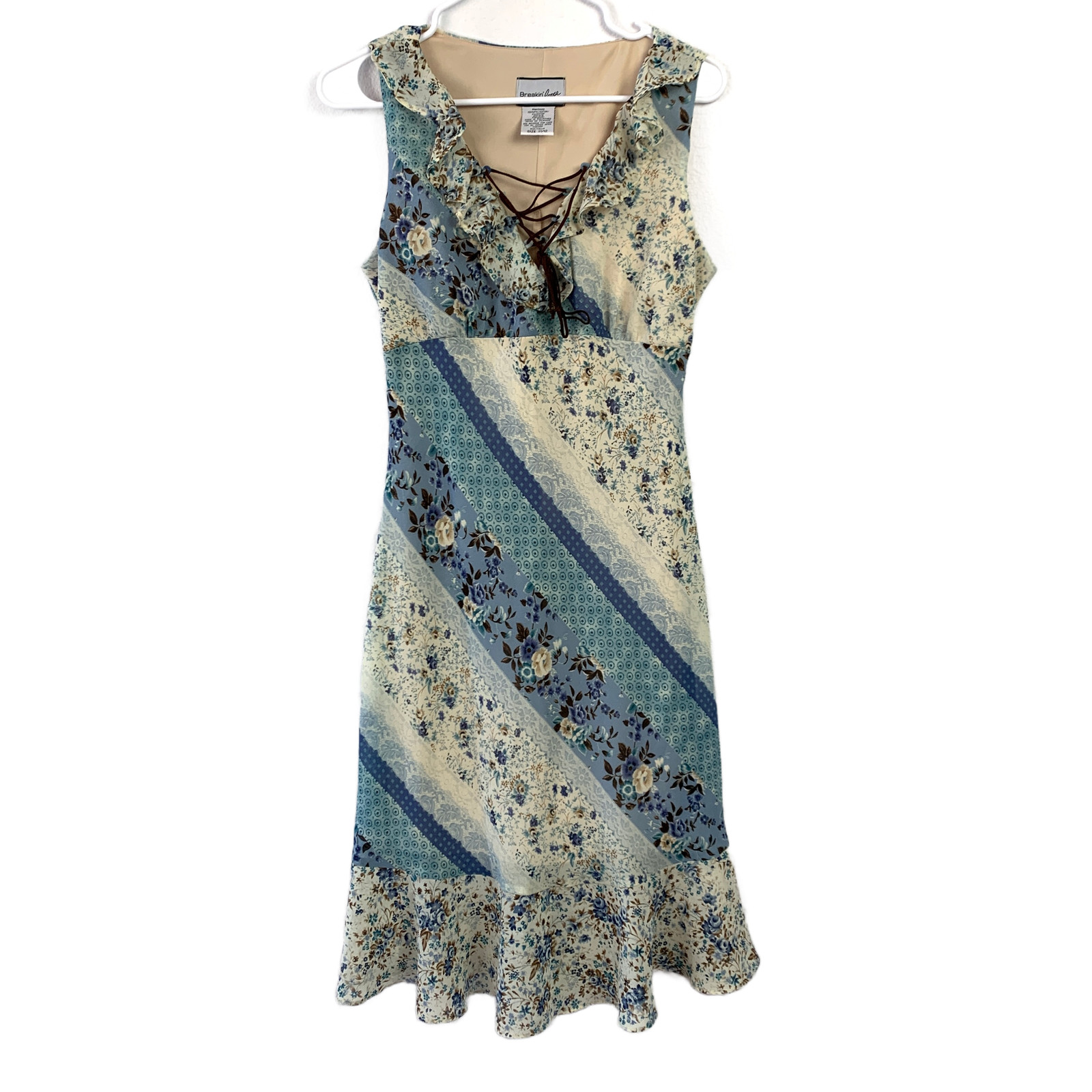Breakin&rsquo; Loose Vintage 90s Y2K Blue Floral Patchwork Lace-Up Ruffle Midi Dress