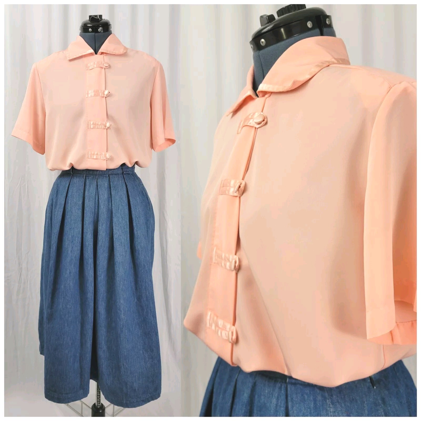 Vintage Apparenza Short Sleeve Blouse in Peach w Satin Trim Accent Size M
