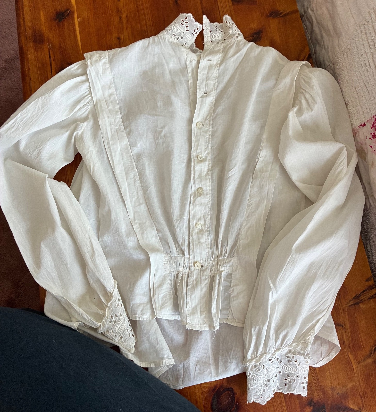 Antique Edwardian White Cotton Waist Blouse Embroidery Eyelet High Neck