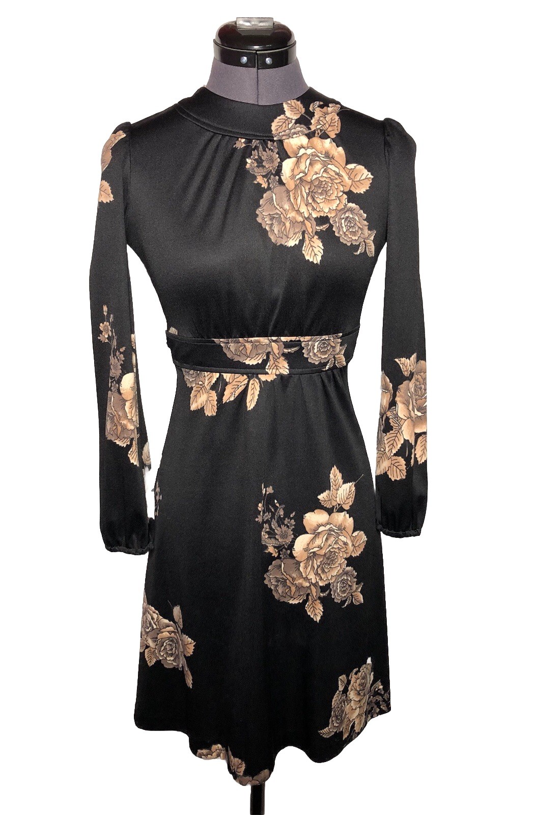 Vtg 1970s Mini Dress Black Floral High Neck Long Sleeve Fall 31-25-33 XS S