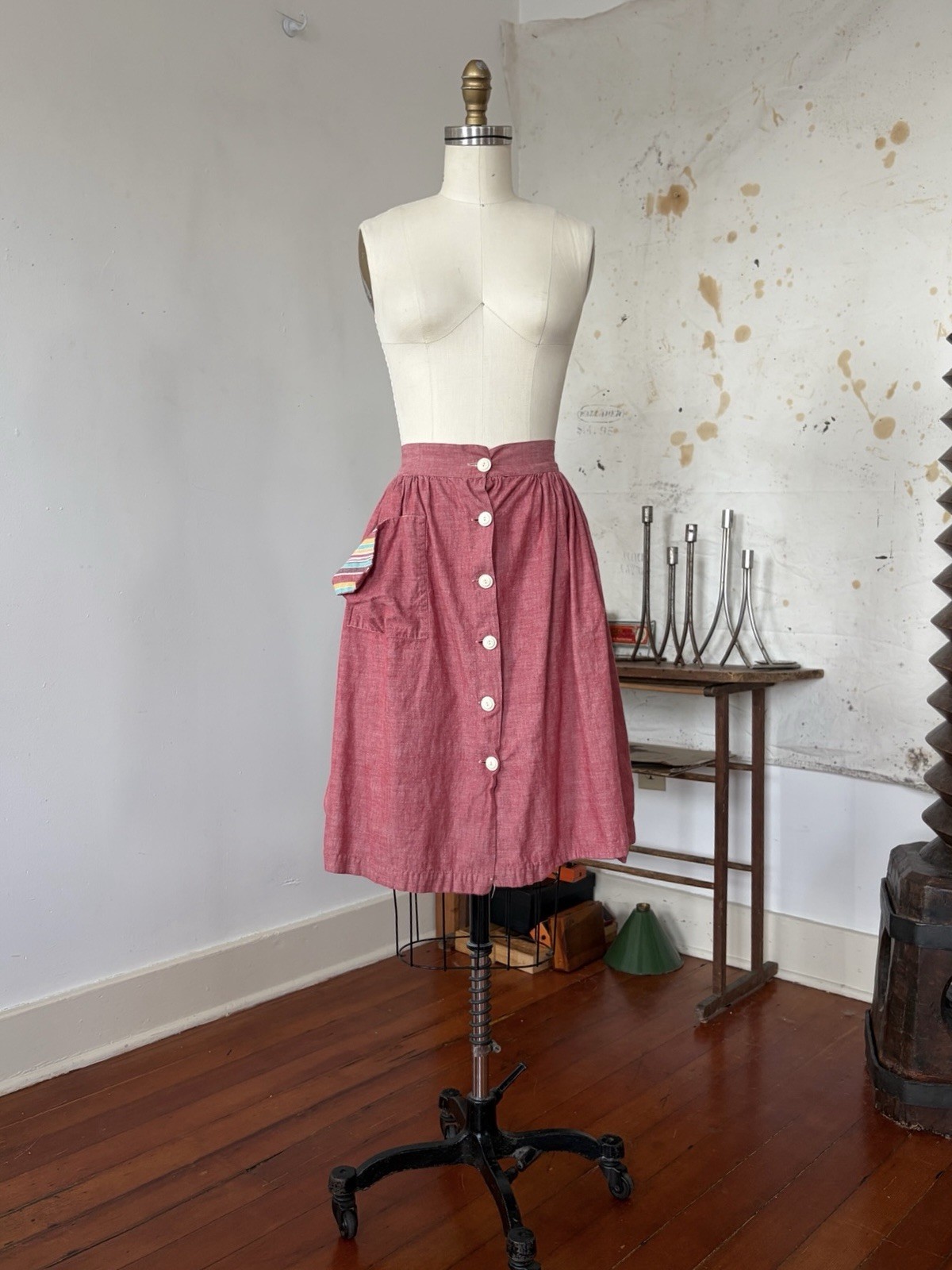 30s 40s Chambray Rayon Cotton Button Front Skirt Feedsack Pocket Workwear 24/25”