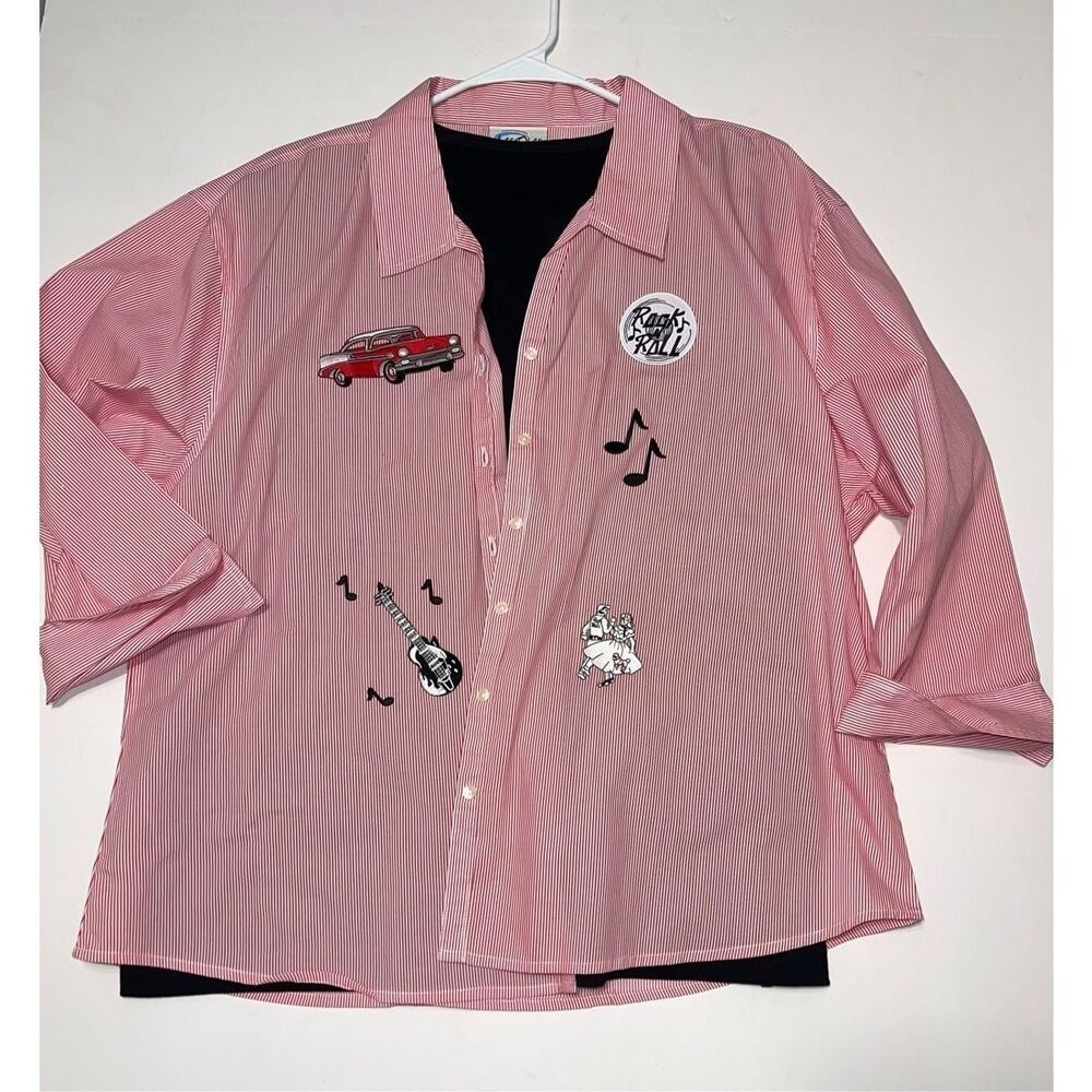 Las Olas Rock And Roll Lost in the 50s Red White Striped Long Sleeve Button Up X