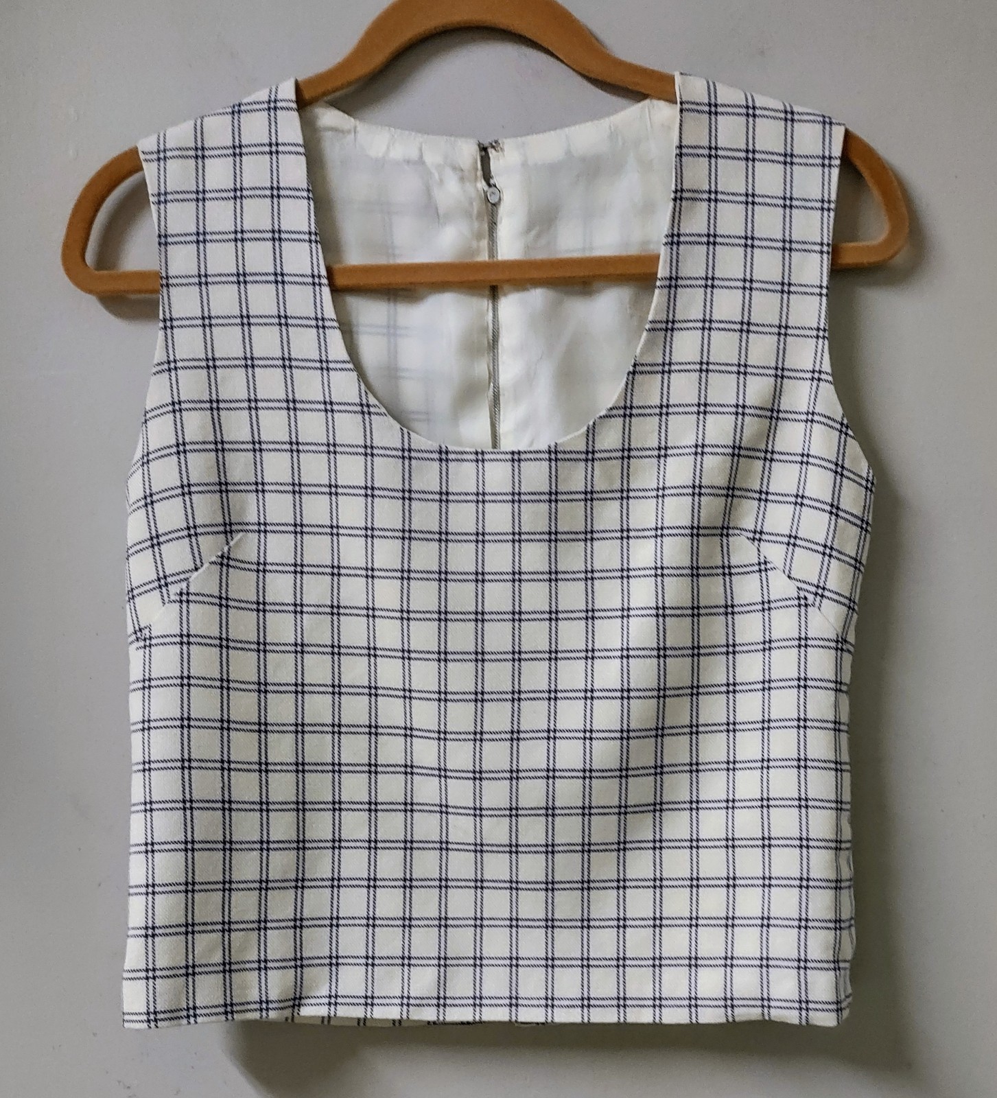 Vintage 60&rsquo;s MOD Cropped Sleeveless Top Windowpane Plaid Metal Zip Back S