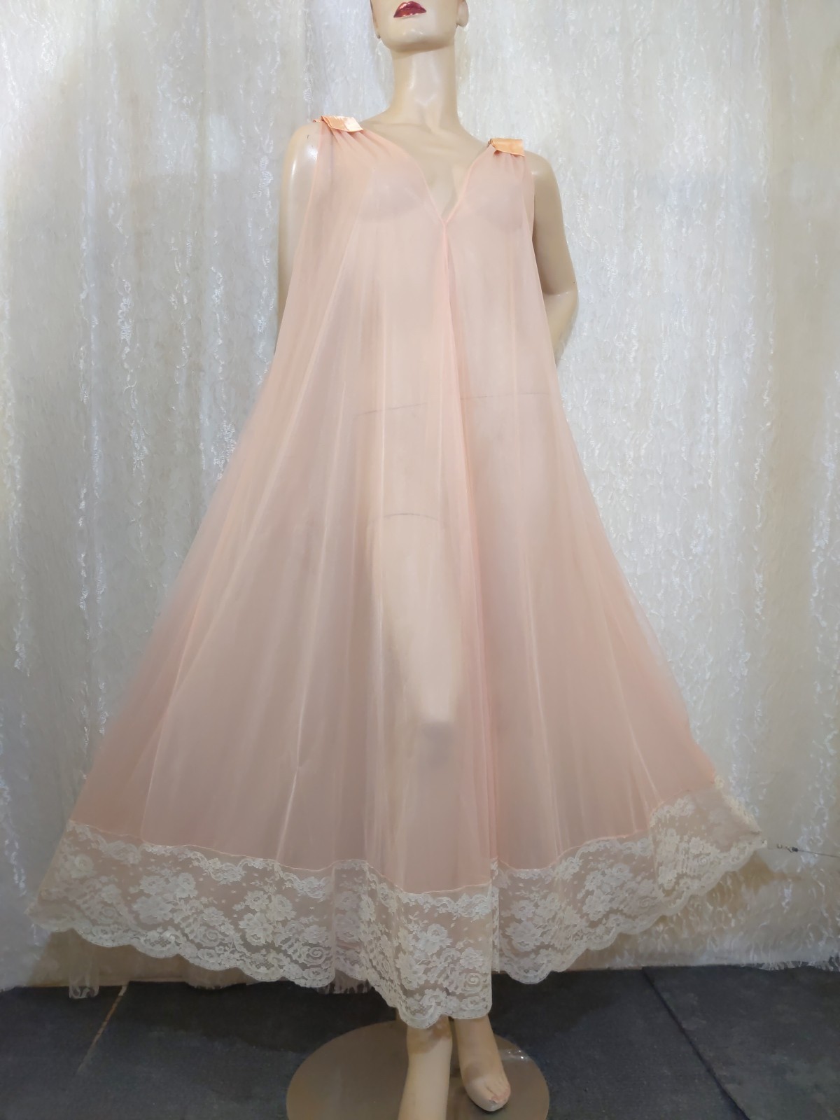 Vintage Double Layer Shear Chiffon Satin Bow Luxurious Lace Peignoir Robe M L XL