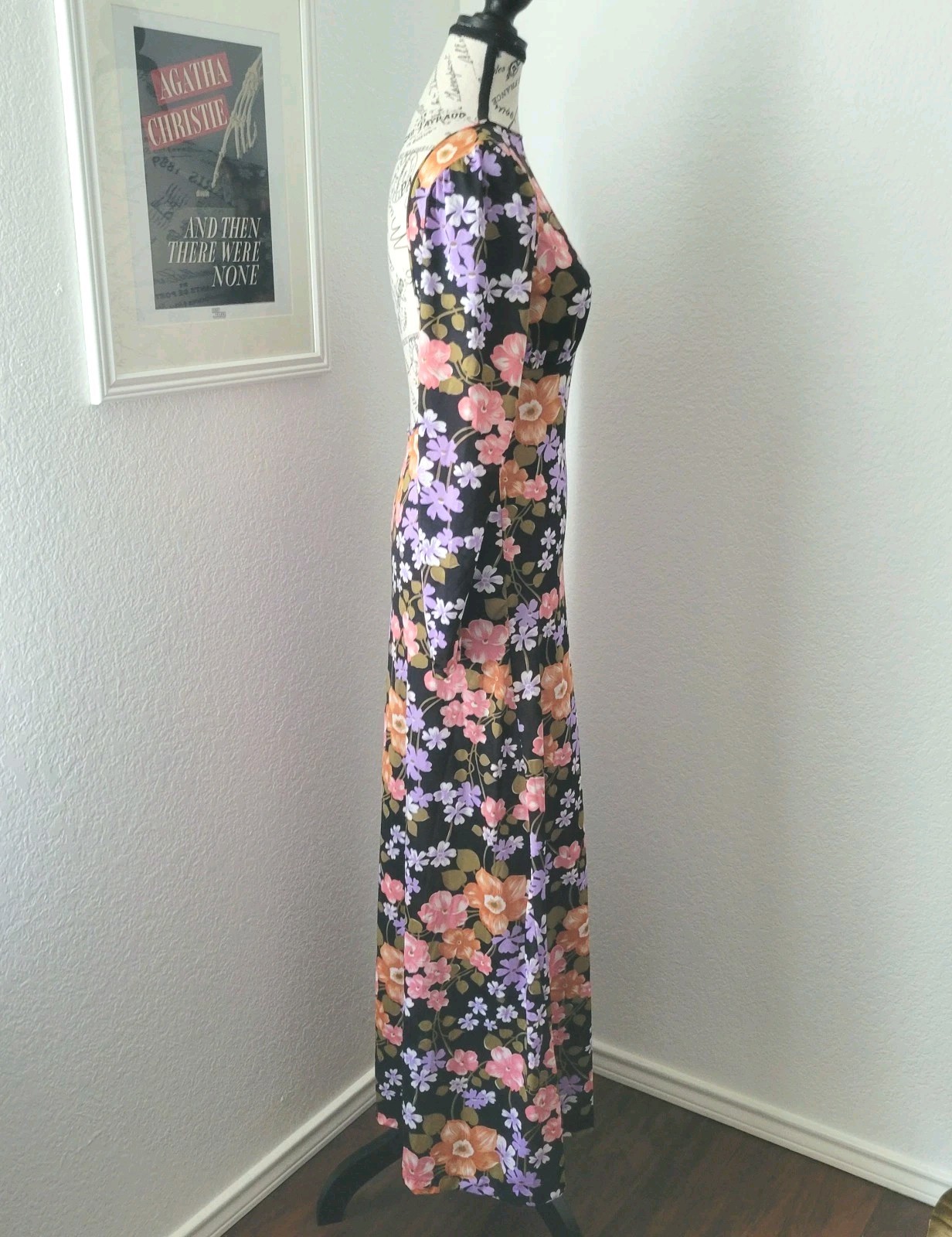 Vintage 70s 100% Antron Nylon Black Floral Maxi Dress Plunge Back Slinky Small