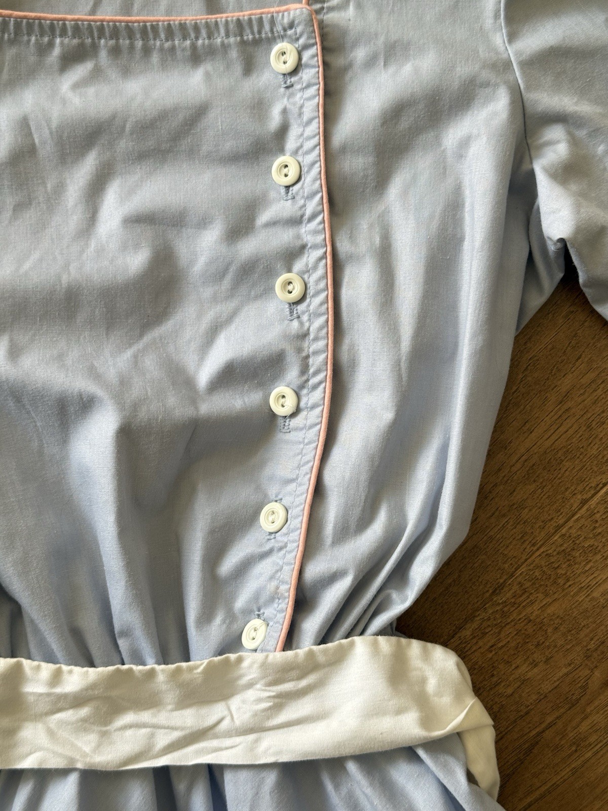Vintage Cottagecore Dress Trad Wife Swing Dress Powder Blue Pink Trim 1950s