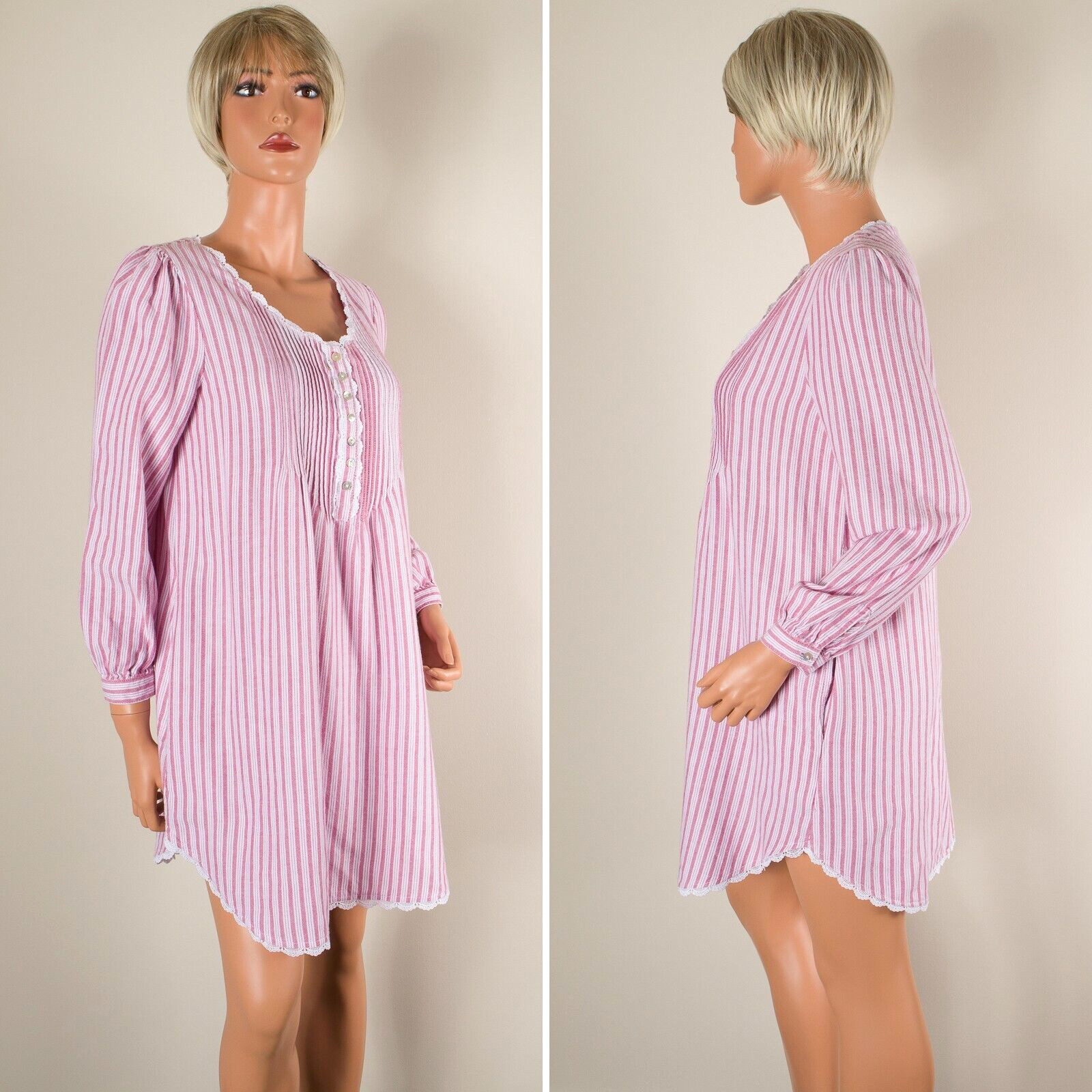 💖 EILEEN WEST Red Pin Striped Flannel Nightgown Long Sleeve Pockets Pintucks XS