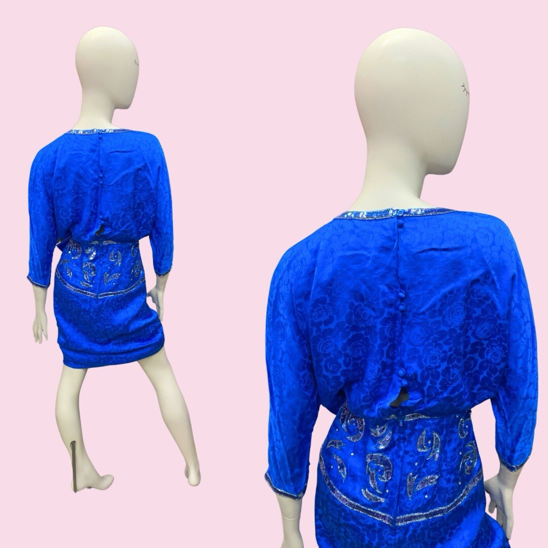 DYNASTY 1980s Cobalt Blue Rhinestone Embellished Silk Draped Dress