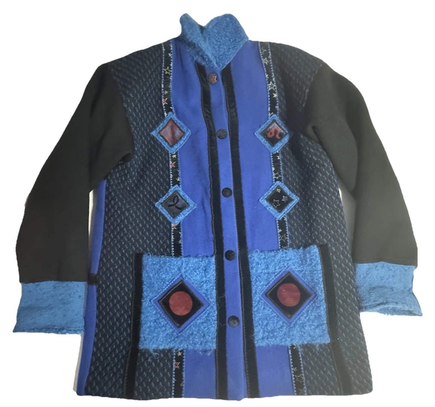 Coloratura Vintage Blue Black Wool Southwestern Patchwork Coat Art to Wear L XL