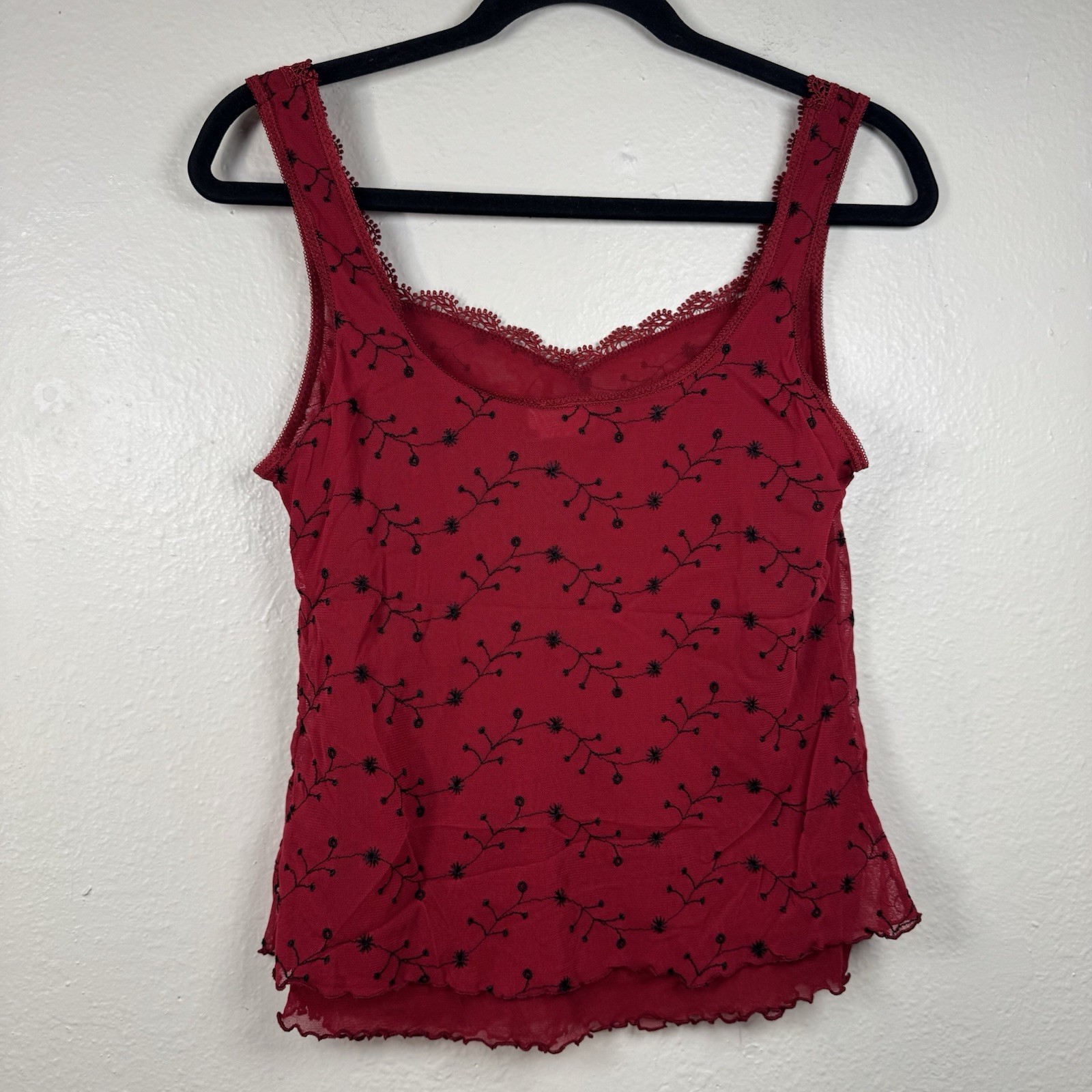 Arianne Lace Trim Tank Top Vintage Red 2000’s Embroidered Mesh Size Small Y2K