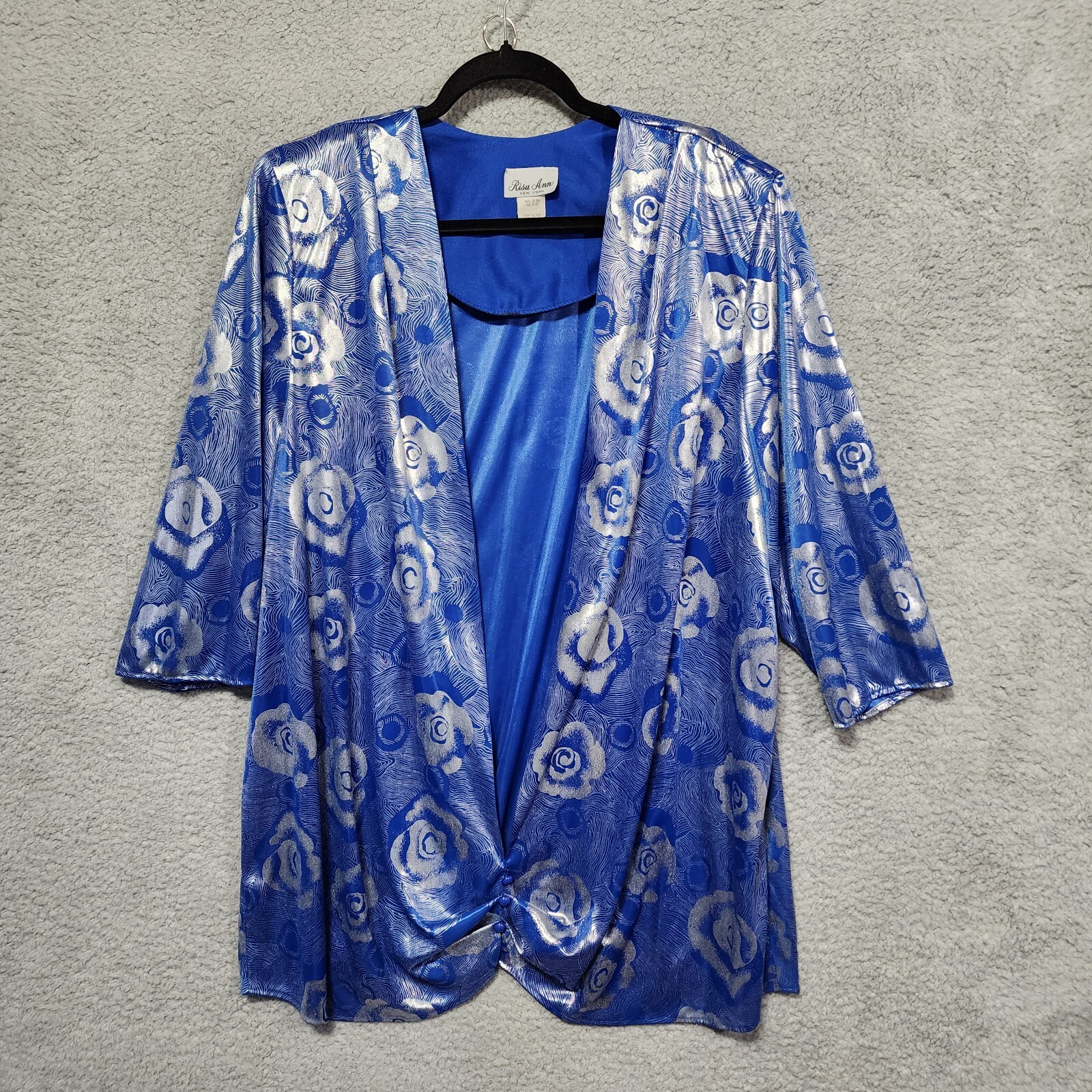 Risa Ann New York Metallic Silver Blue Abstract Overlay Blouse 80&rsquo;s Plus Size 2X