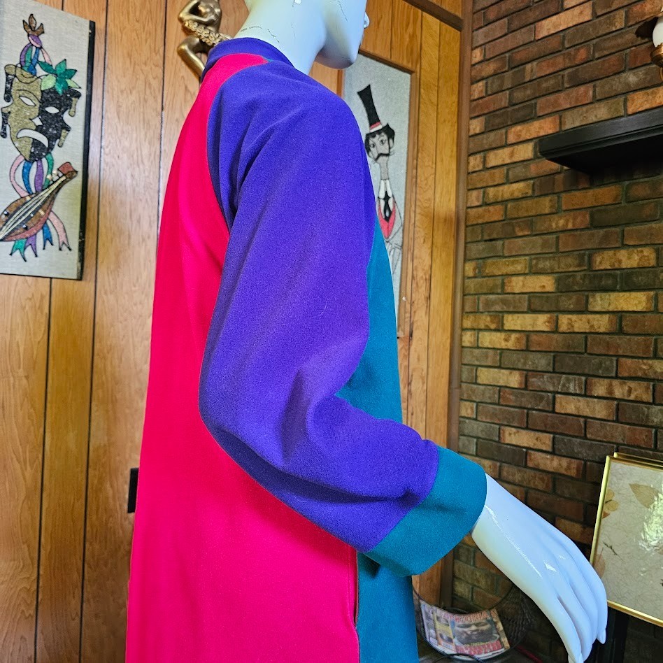 Vtg 80s New Wave Vanity Fair Colorblock Fleece Lounge Maxi Dress Caftan P M/L