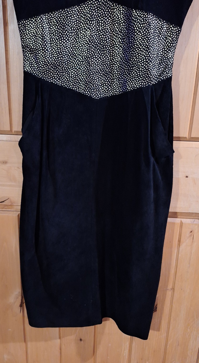 80s does 50s Black and Gold Leather Suede Wiggle Dress Pin Up Bad Girl Viva