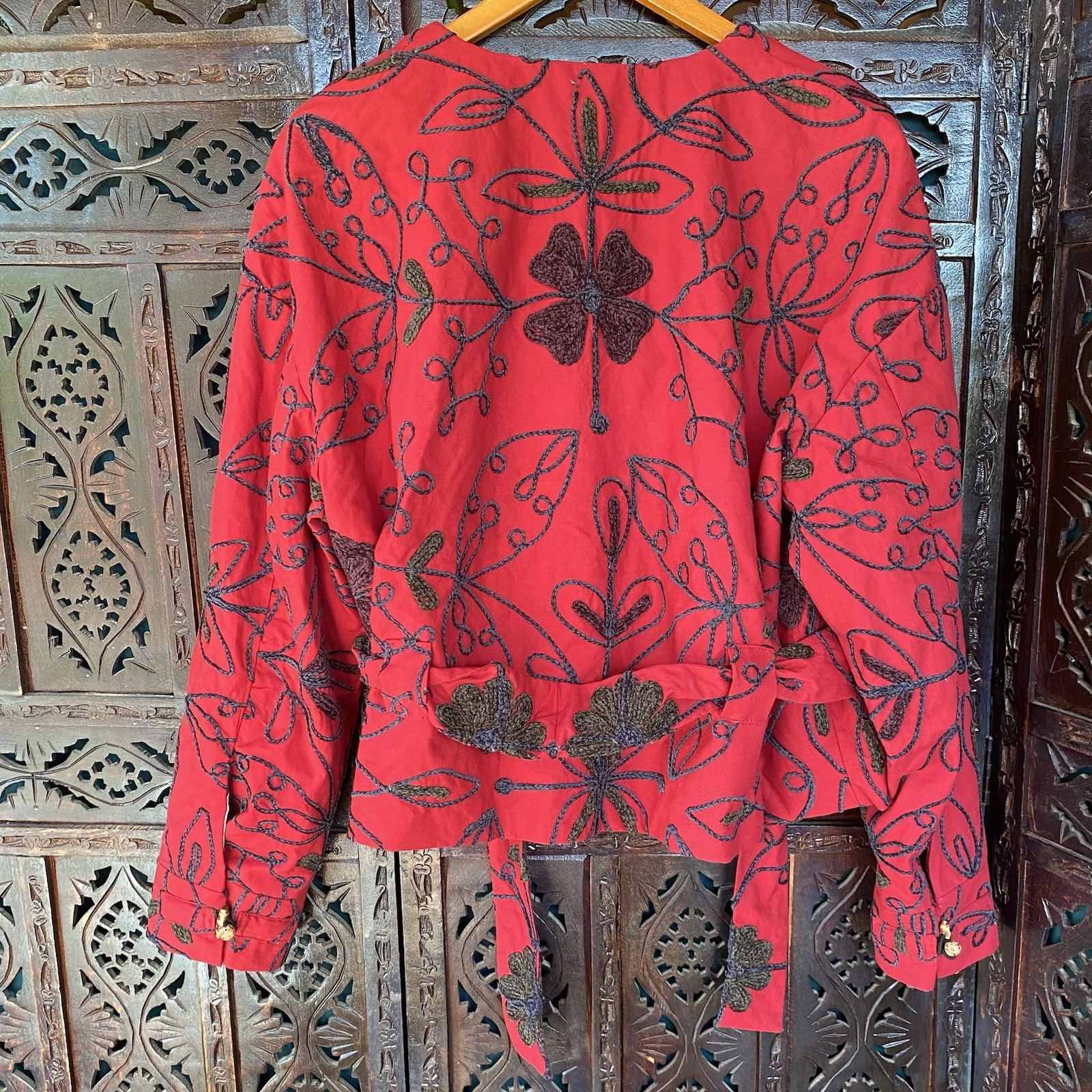 Statement Chenille Embroidered Jacket Womens L Artisan Floral Red Tie Waist