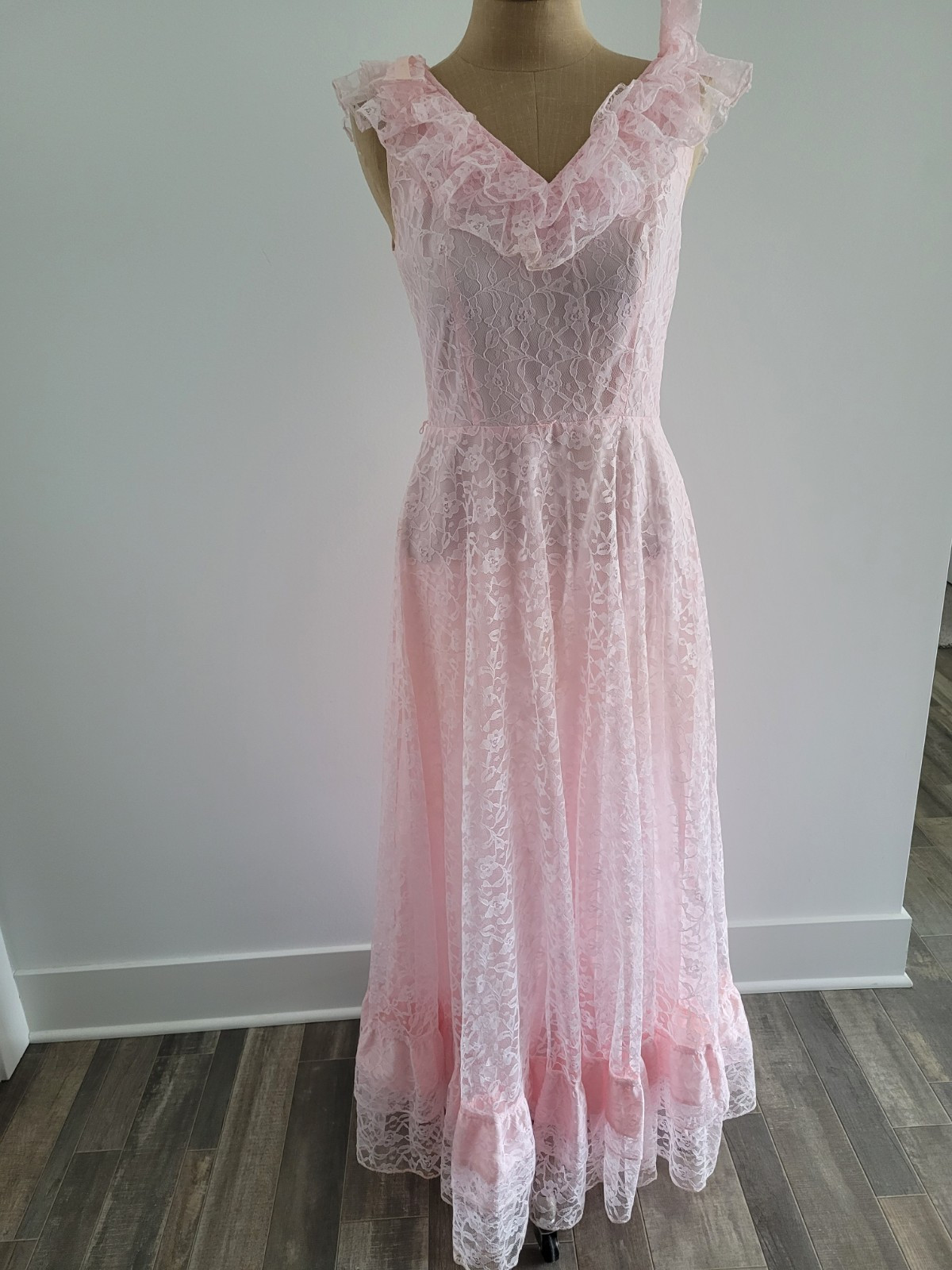 Vintage Pink Lace Prom Party Dress Gown 13
