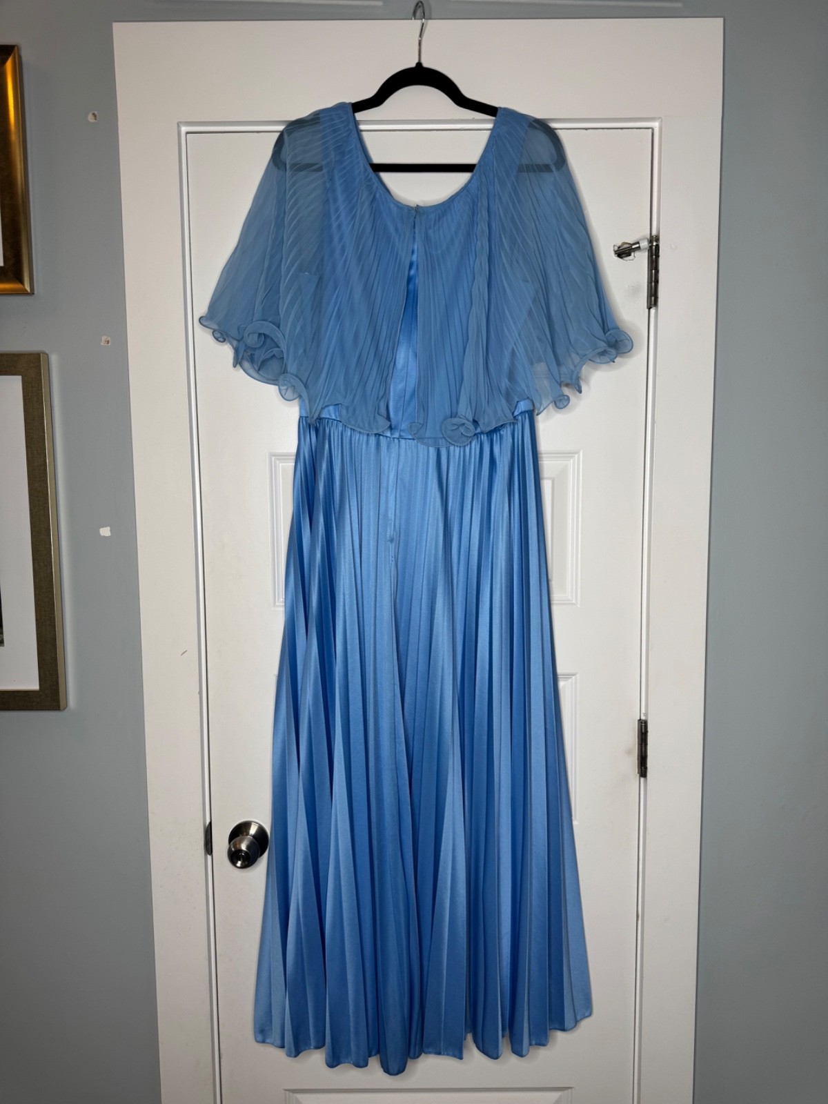 Vintage 70s Pleated Accordian Flutter Cape Maxi Dress Chiffon Gown Womens Blue