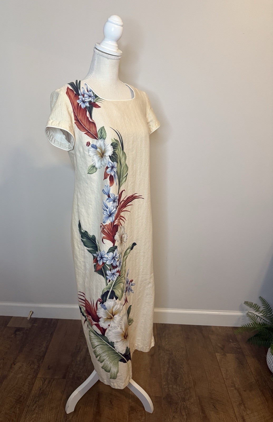 Vintage Young Hawaii Natural Linen Tropical Maxi Dress Sz M
