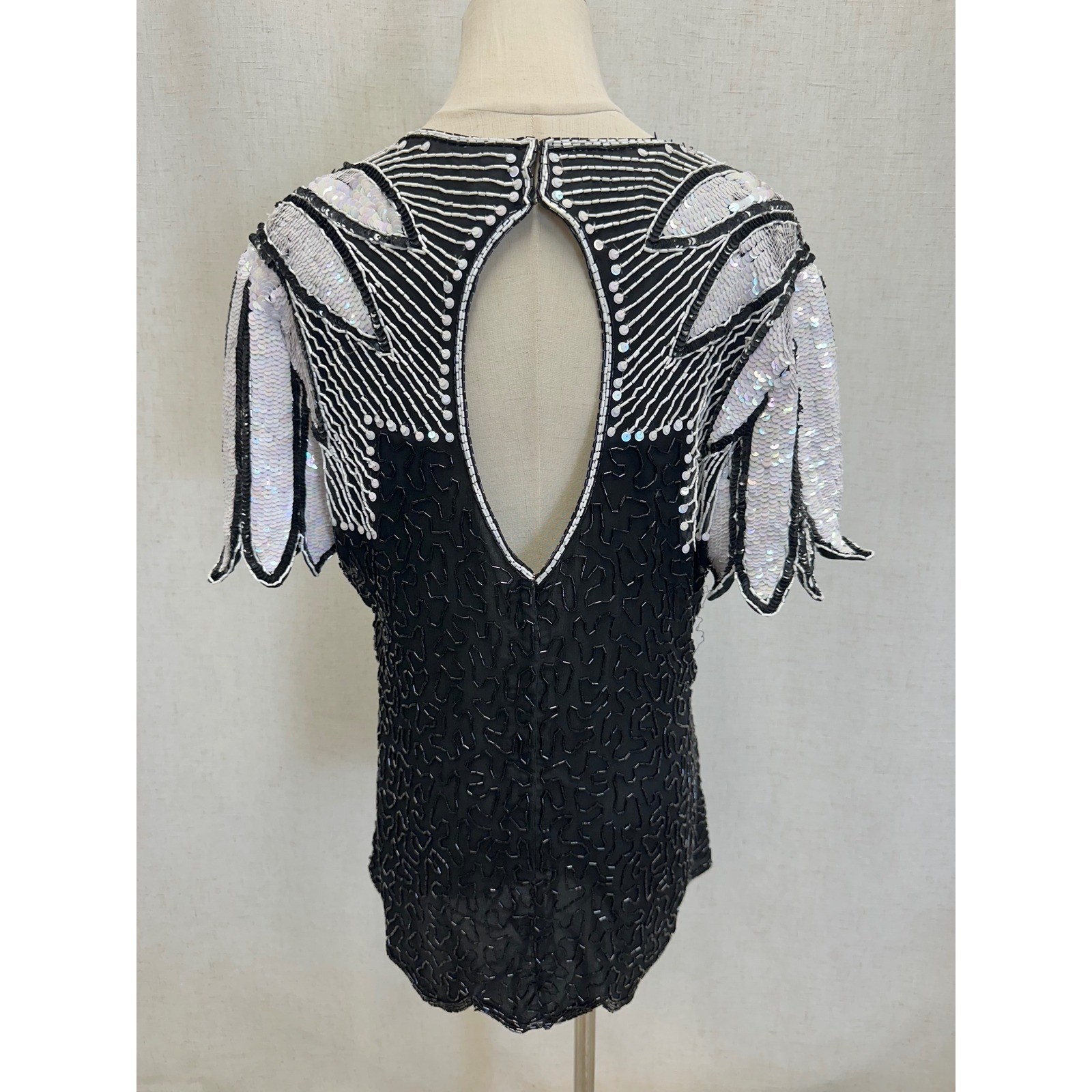 Stenay 100% Silk Beaded Sequin Black White Top Womens 14 Vintage Evening Blouse