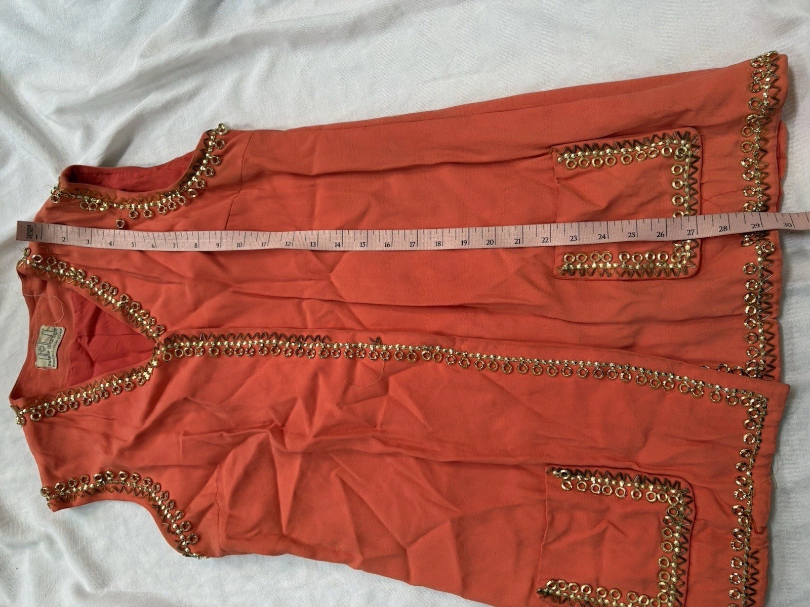 1960s Estelle Allardale Designer Orange Gold Beaded Blouse Retro Small MOD