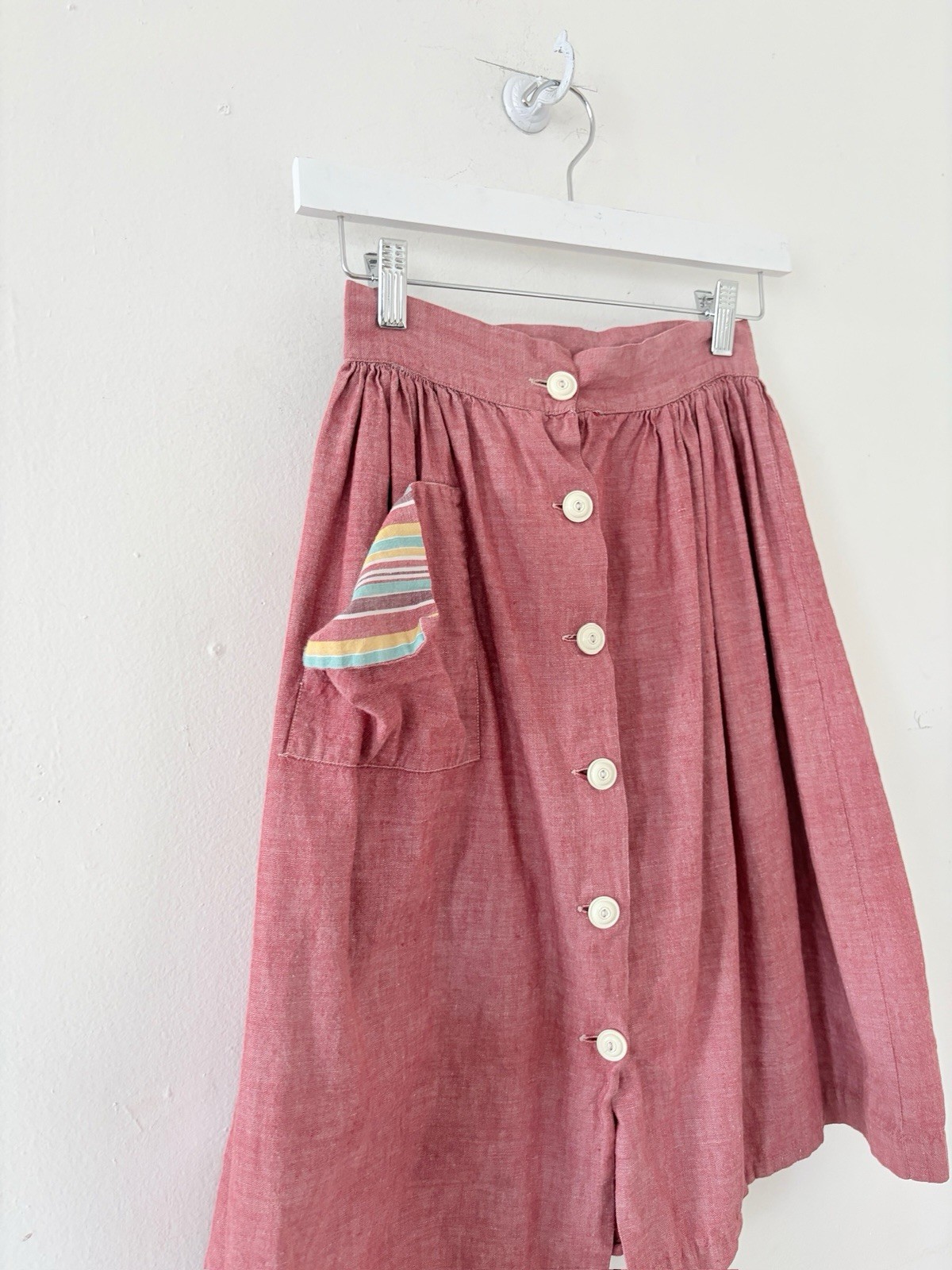 30s 40s Chambray Rayon Cotton Button Front Skirt Feedsack Pocket Workwear 24/25”