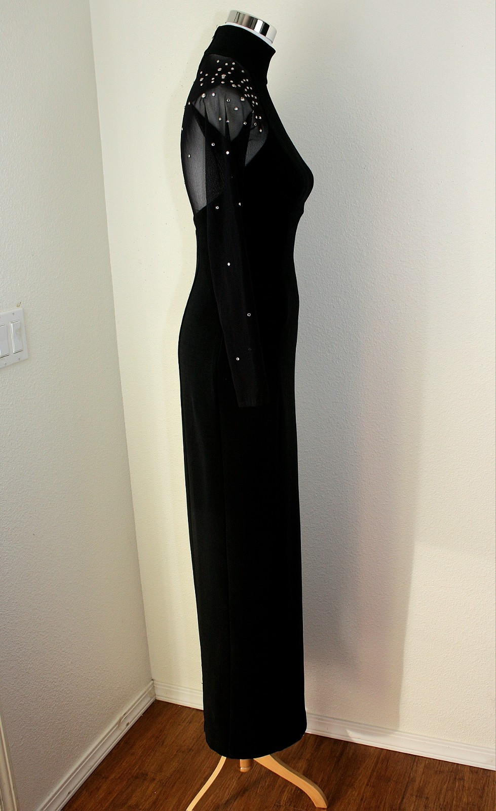 Goth VTG Y2K TADASHI For CACHE Maxi Dress S Black Knit Mesh Rhinestones Fairy *