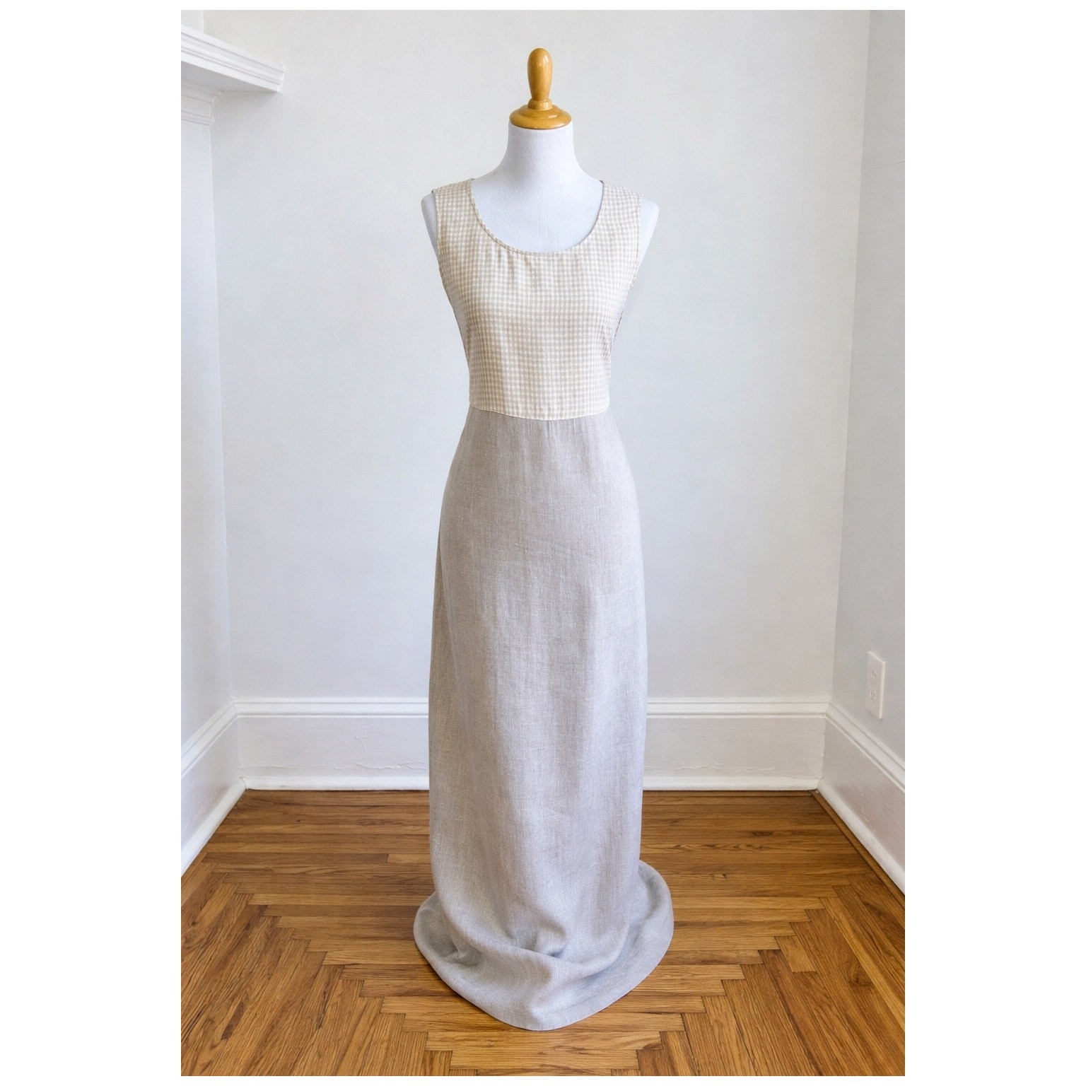 Vintage 90s Carol Anderson Linen Maxi Dress L Beige Gingham Cottagecore USA