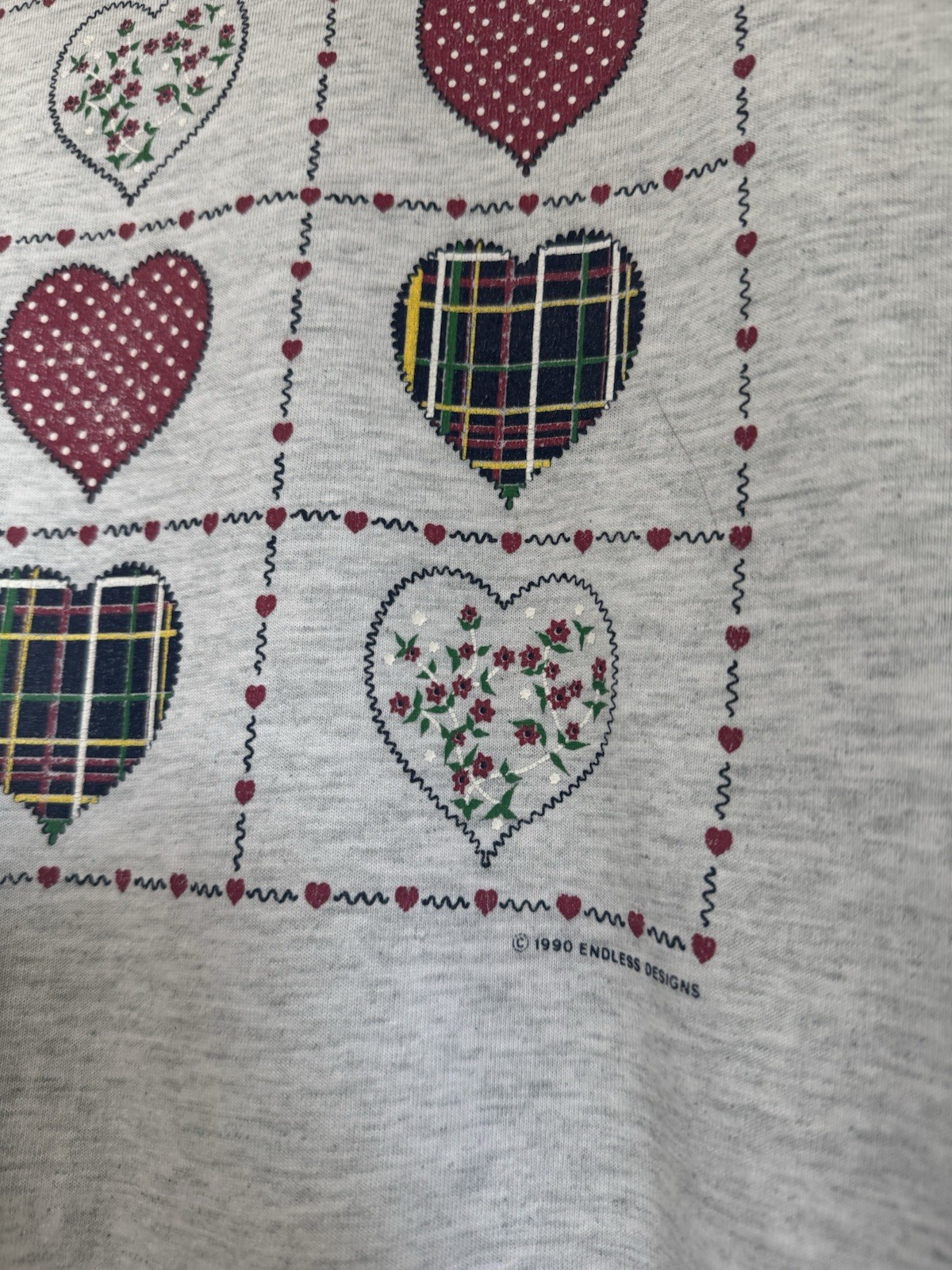 Vintage 1990 Endless Designs Screen Stars Patchwork Heart T-Shirt Gray XL