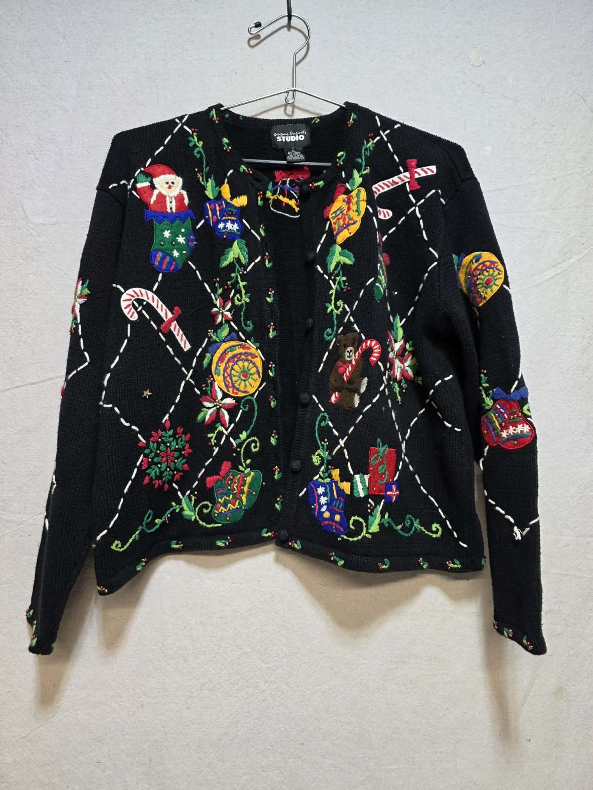 Vtg 90s Designer Original Studio Christmas Kitschy Ugly Sweater Cardigan Size XL