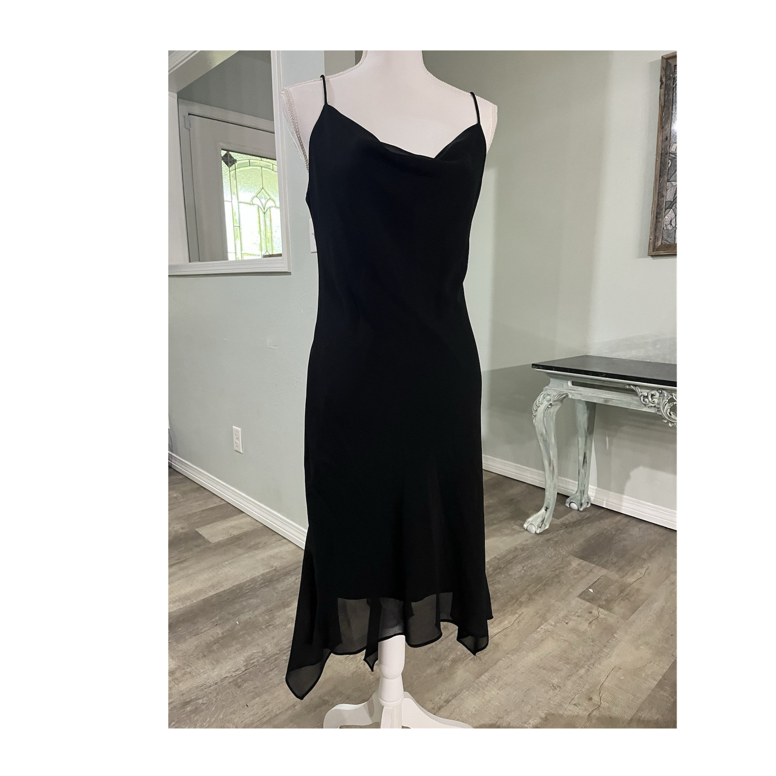 Vintage Made in USA Onyx Nite Black Asymmetric Sleeveless Chiffon Dress Size 10