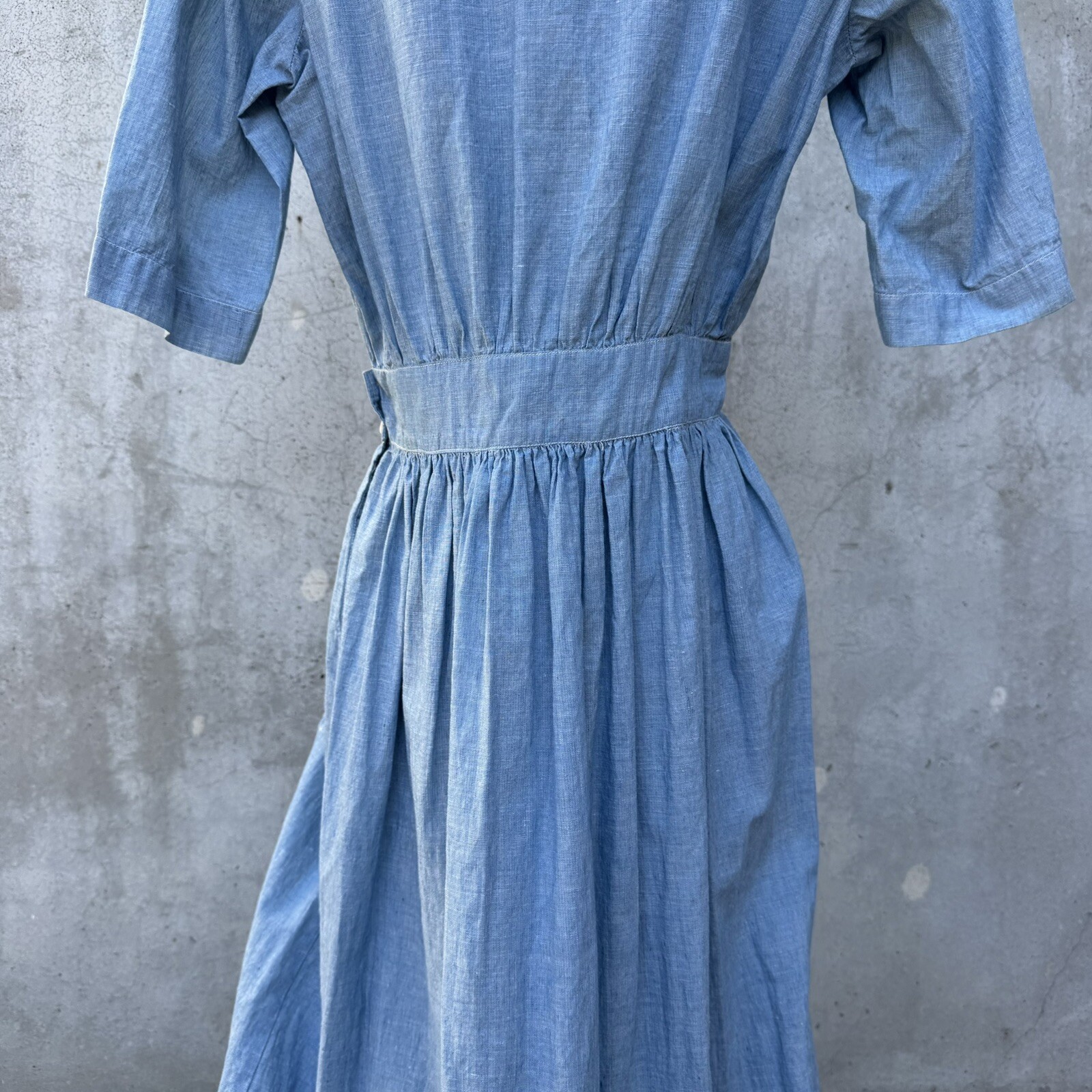 Antique Edwardian Blue Chambray Cotton Dress Workwear Prairie Maxi Vintage
