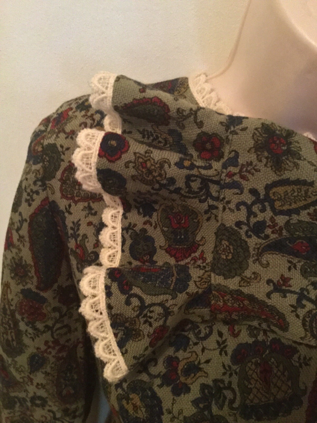 1960s 70s Psych Folk Boho Paisley Green Empire Groovy Carnaby Go Go Lace S/M