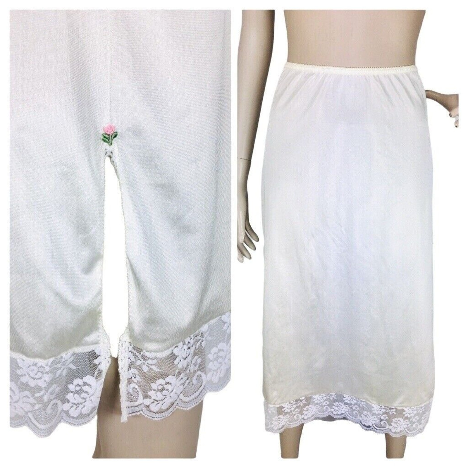 Vintage 70s Chantilly Maidenform Side Slits Lace Trim Midi Skirt Half Slip Small