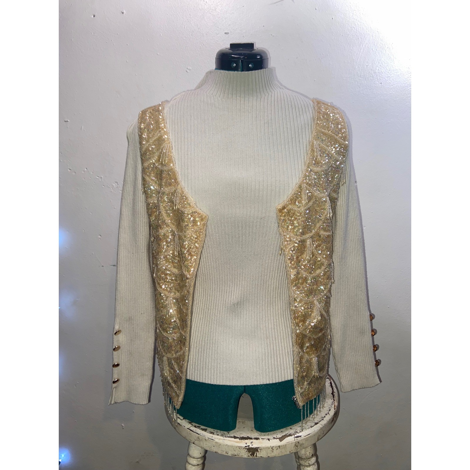 Authentic Vintage 1960s Hand Beaded Iridescent Scalloped Tank with Beaded Fringe